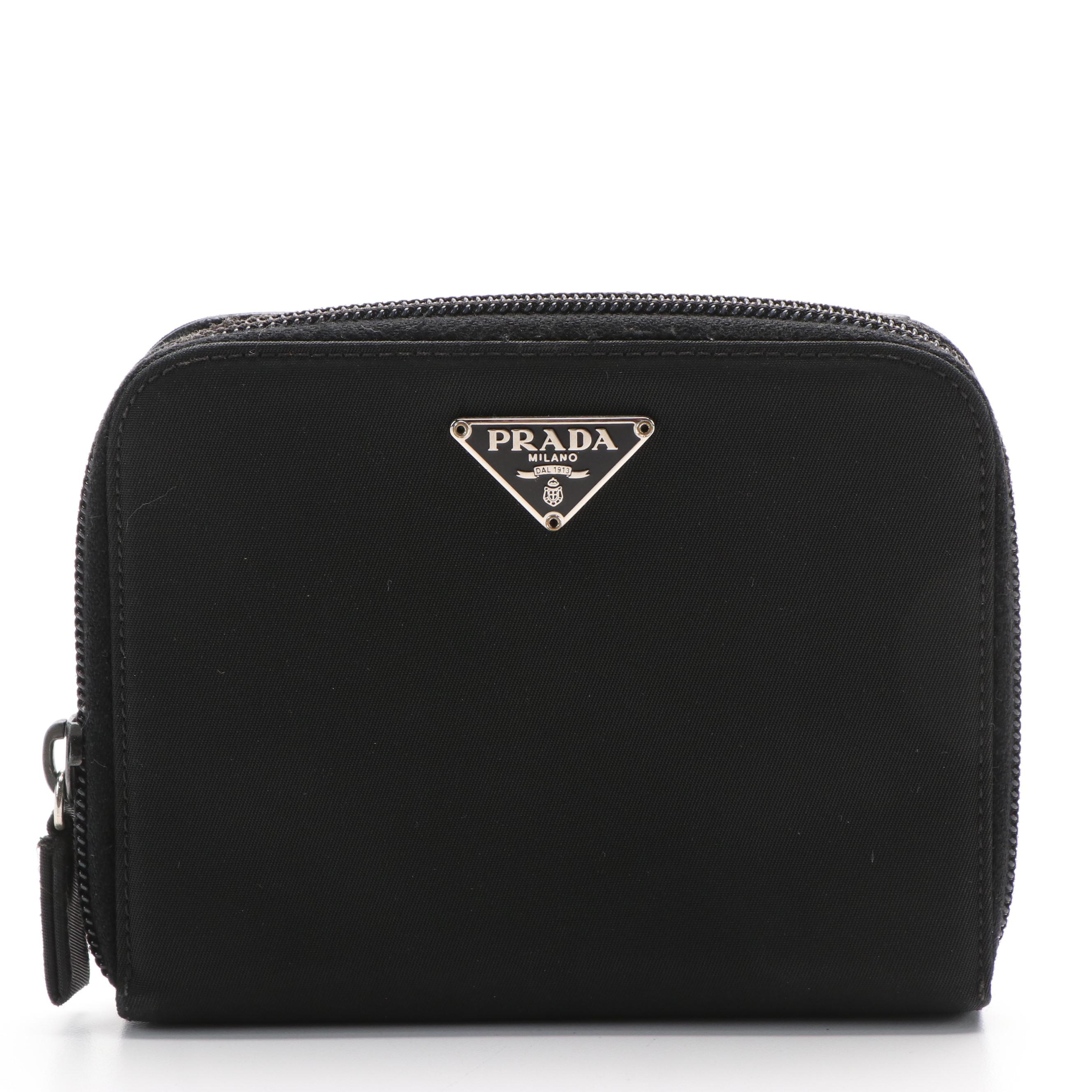 Prada Compact Zip Around Wallet in Black Tessuto Nylon