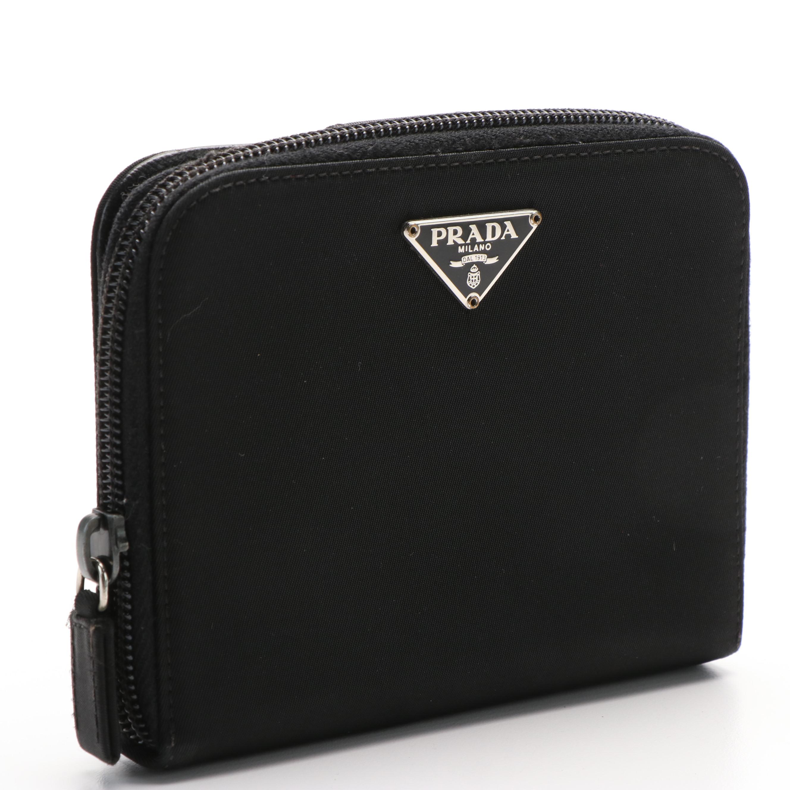 Prada Compact Zip Around Wallet in Black Tessuto Nylon