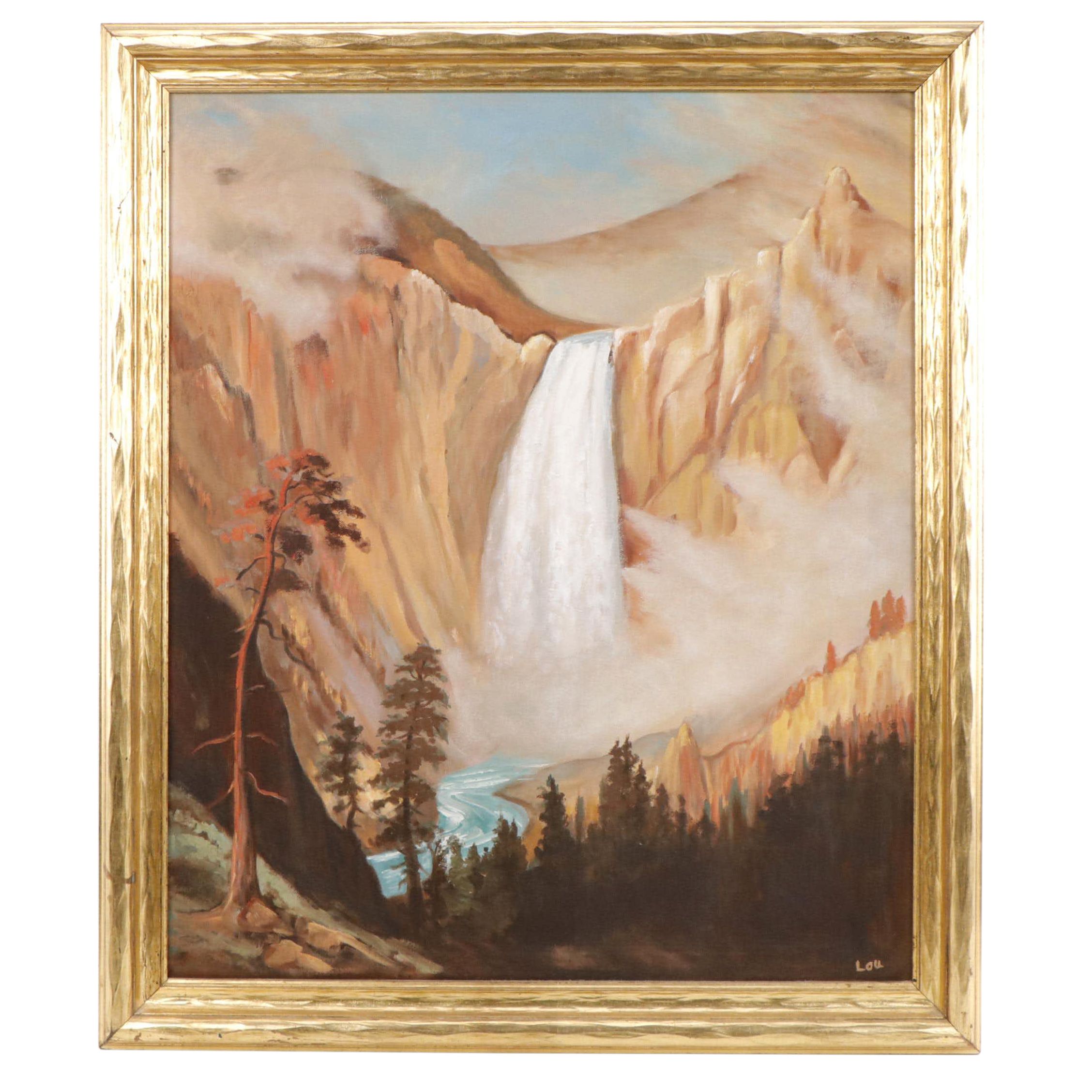 Lou Morrison Oil Painting After Albert Bierstadt "Yellowstone Falls," 1975