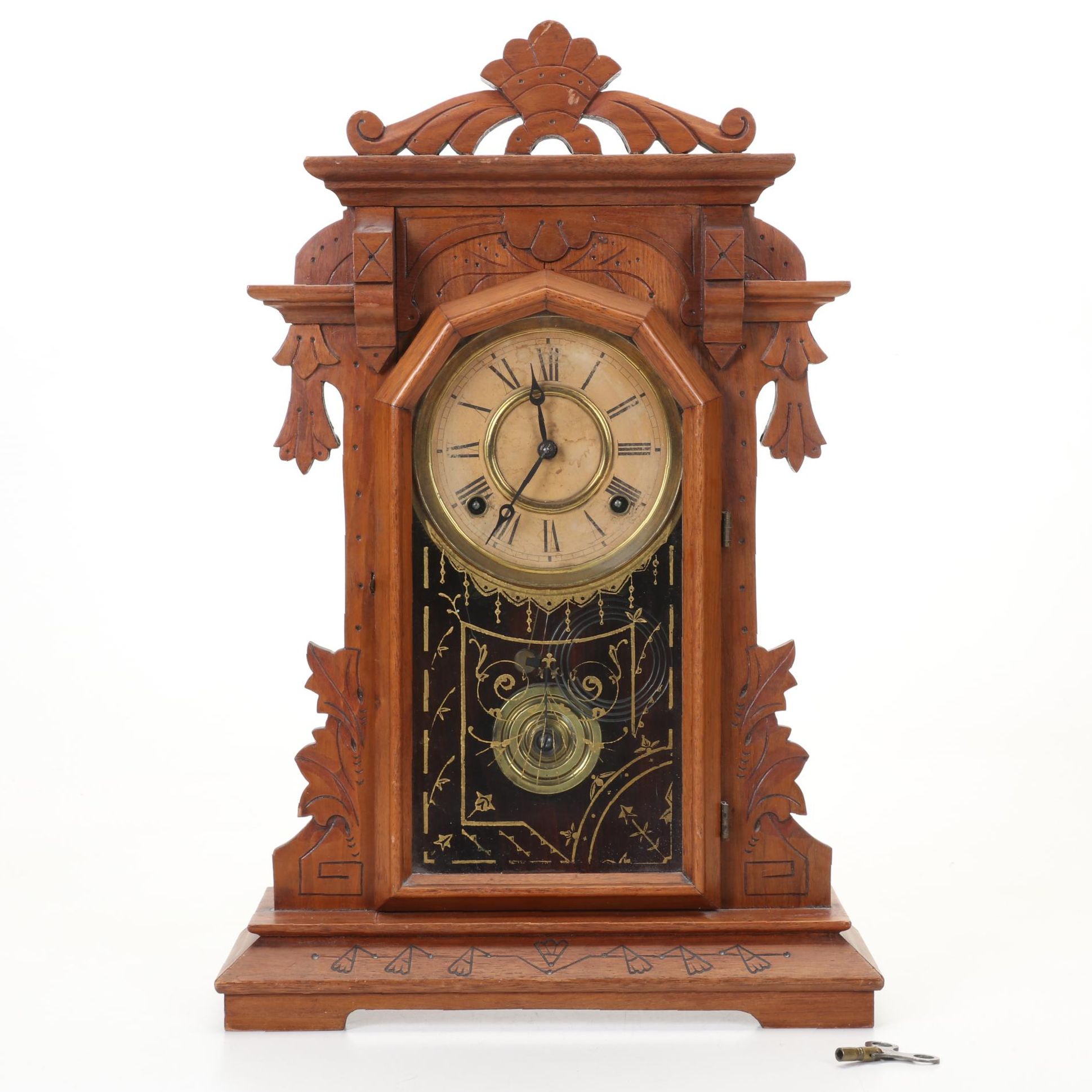 E. Ingraham & Co. Eastlake Style Oak Mantle Clock With Key, 19th Century