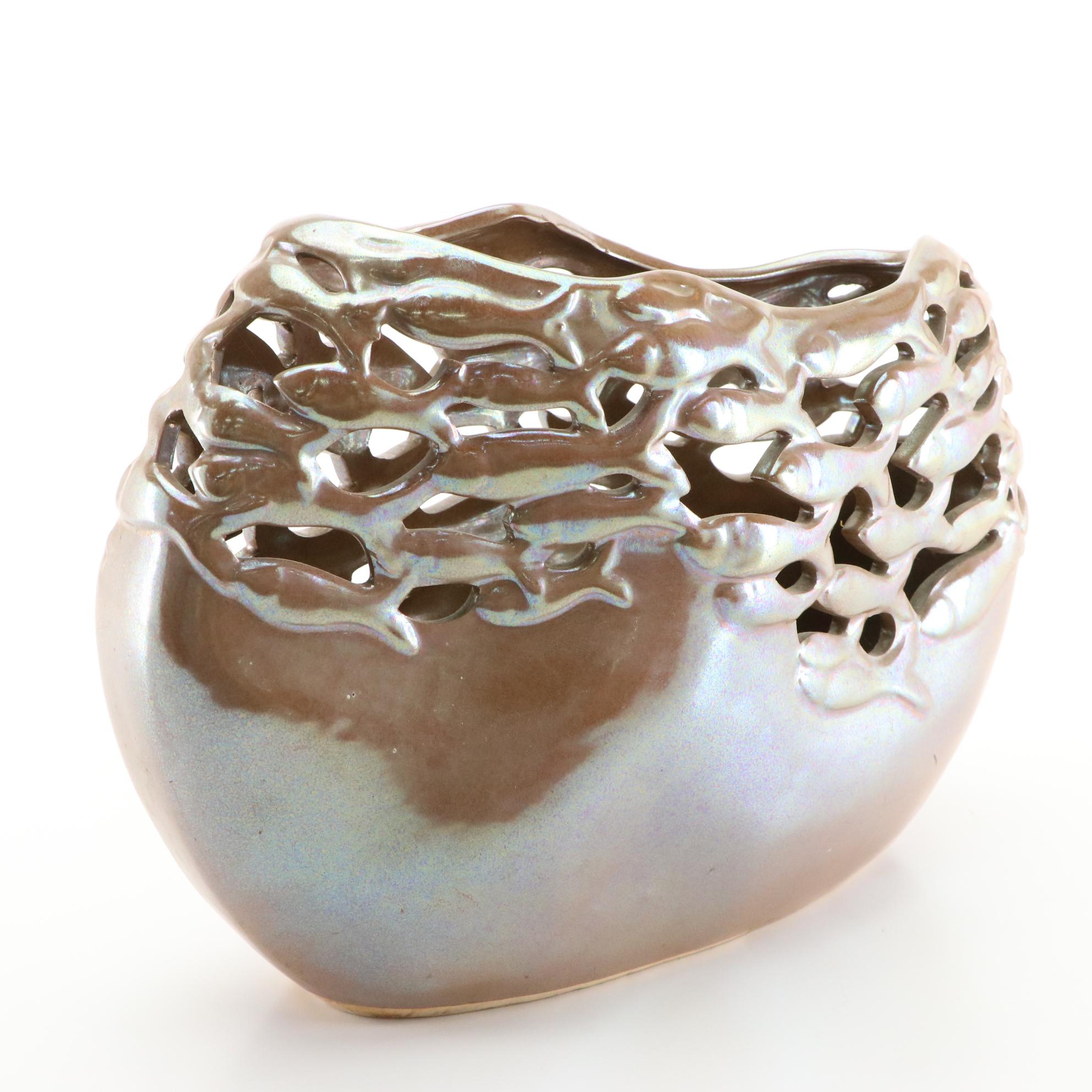 Glazed Ceramic Vase with Swimming Fish and Pierced Details