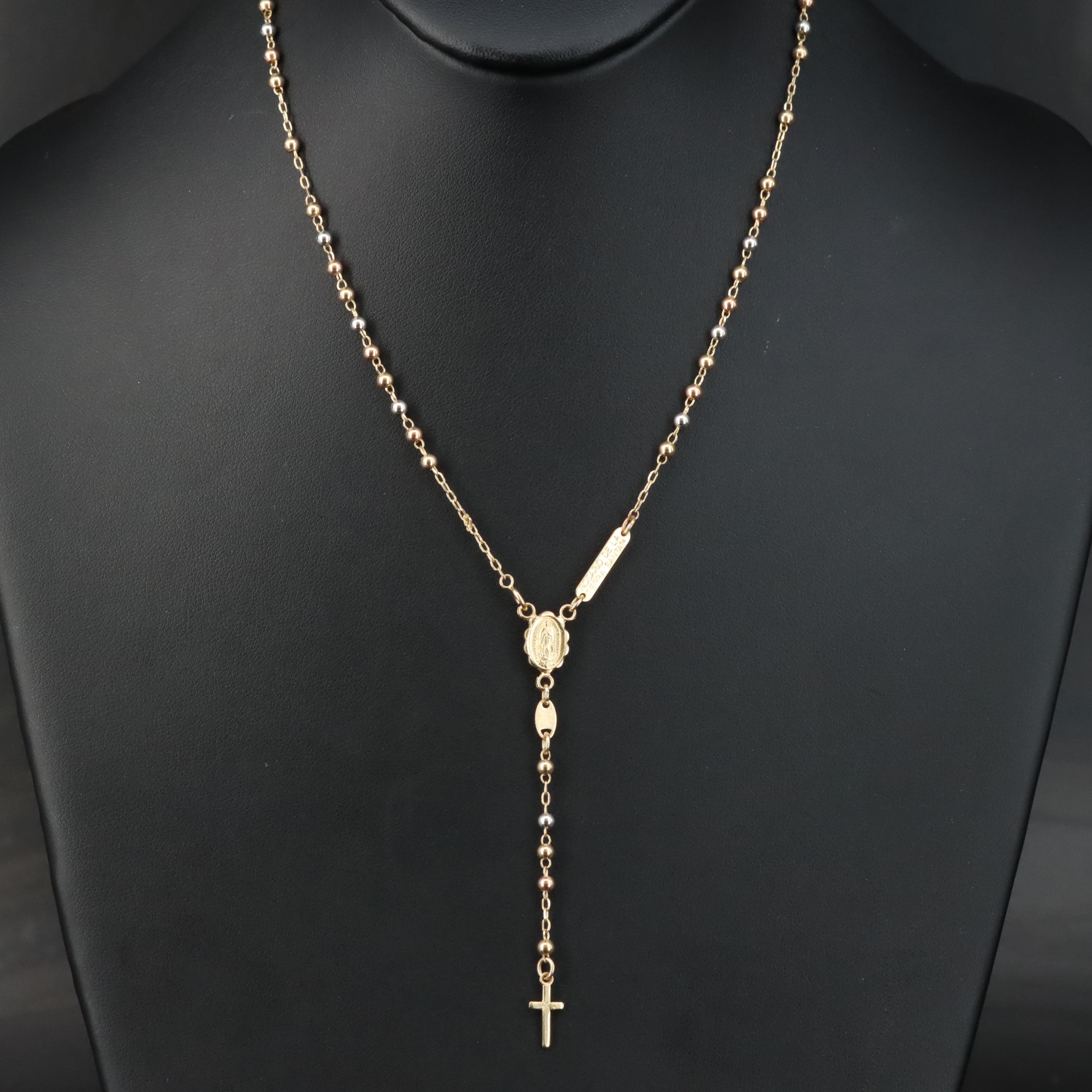 14K Tri-Color Gold Rosary Necklace