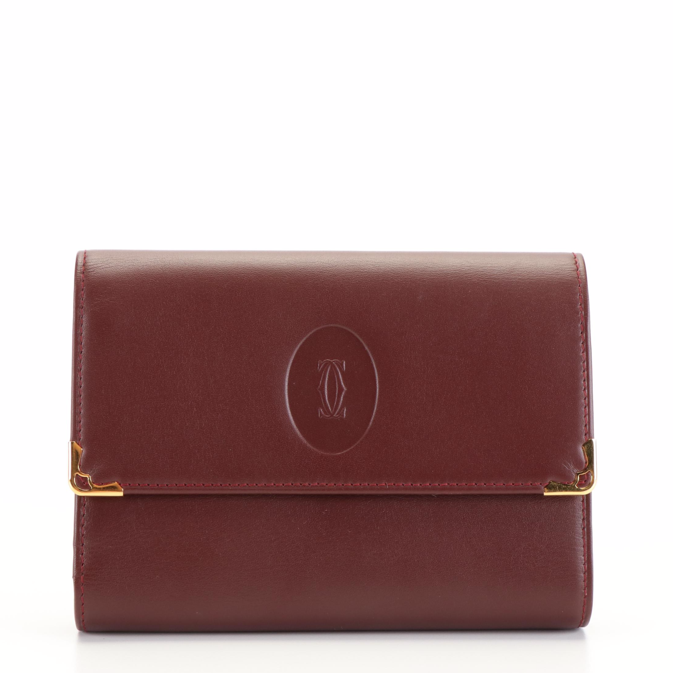Cartier Tri-Fold Wallet in Burgundy Leather With Box