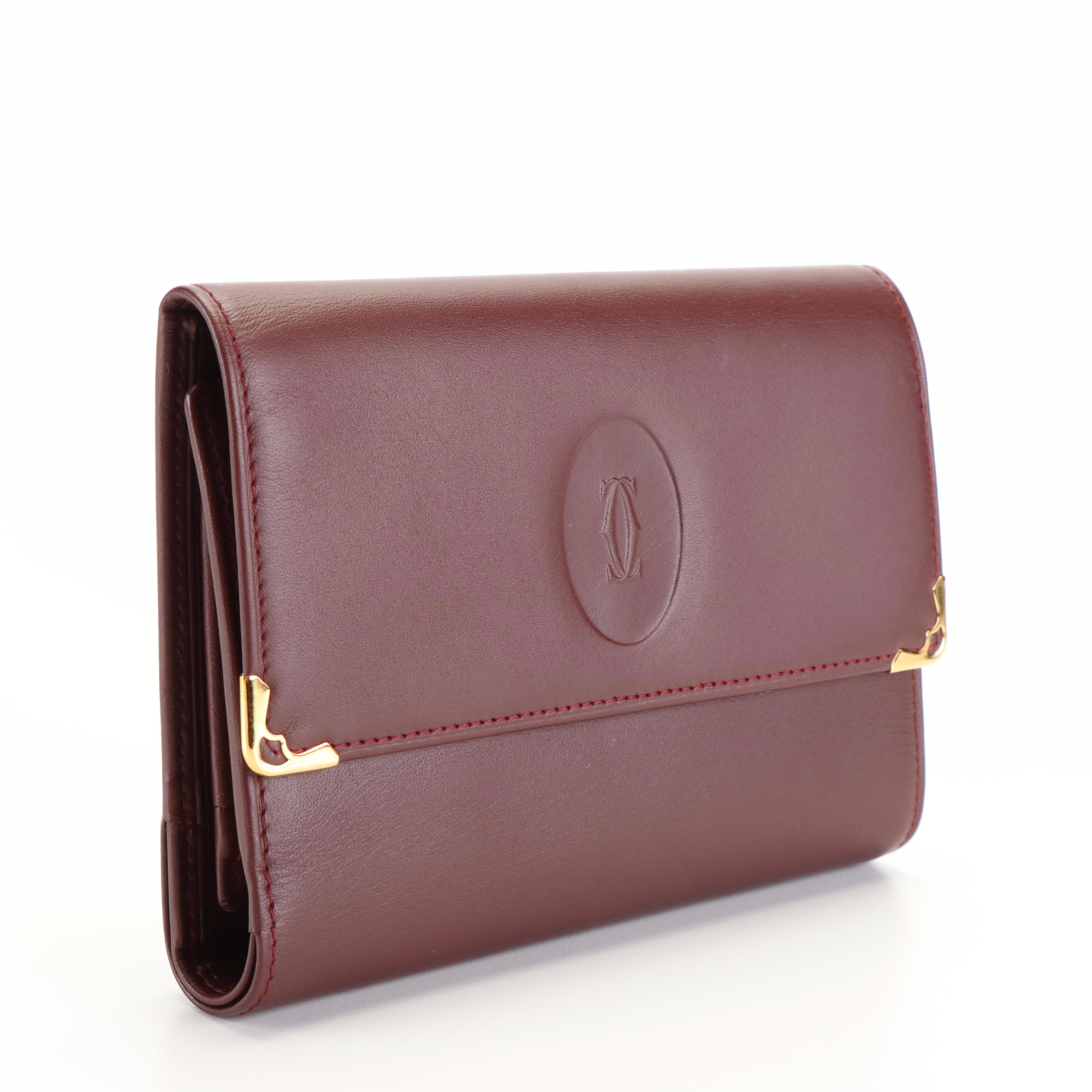 Cartier Tri-Fold Wallet in Burgundy Leather With Box