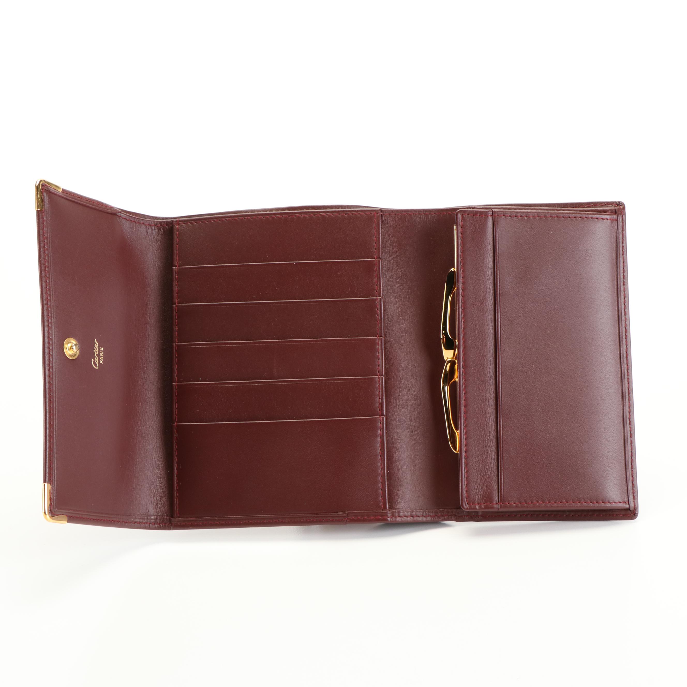 Cartier Tri-Fold Wallet in Burgundy Leather With Box