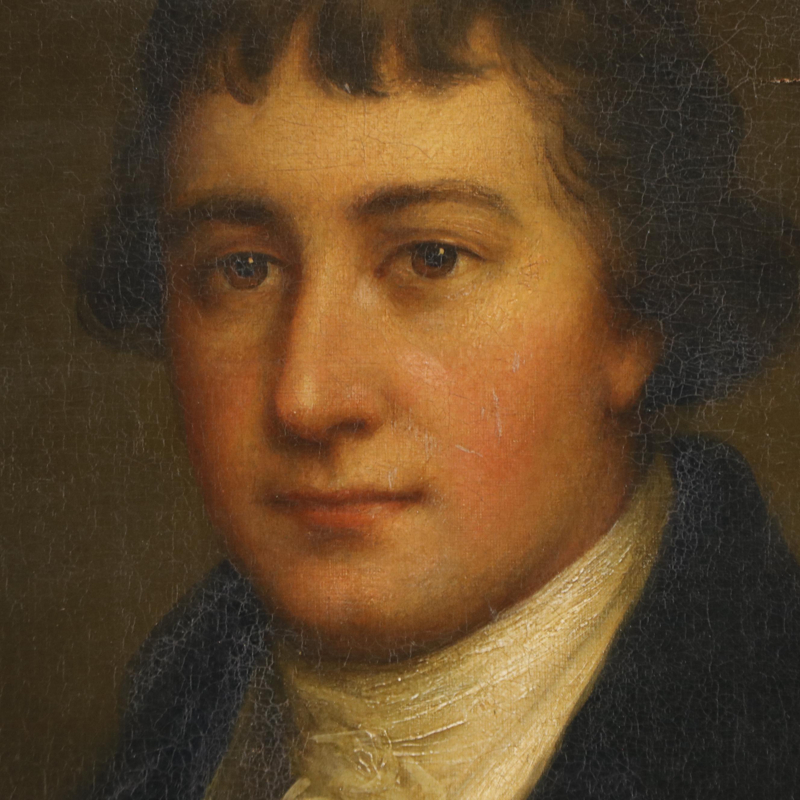 American School Portrait Oil Painting of Young Man in Coat, Late 19th Century