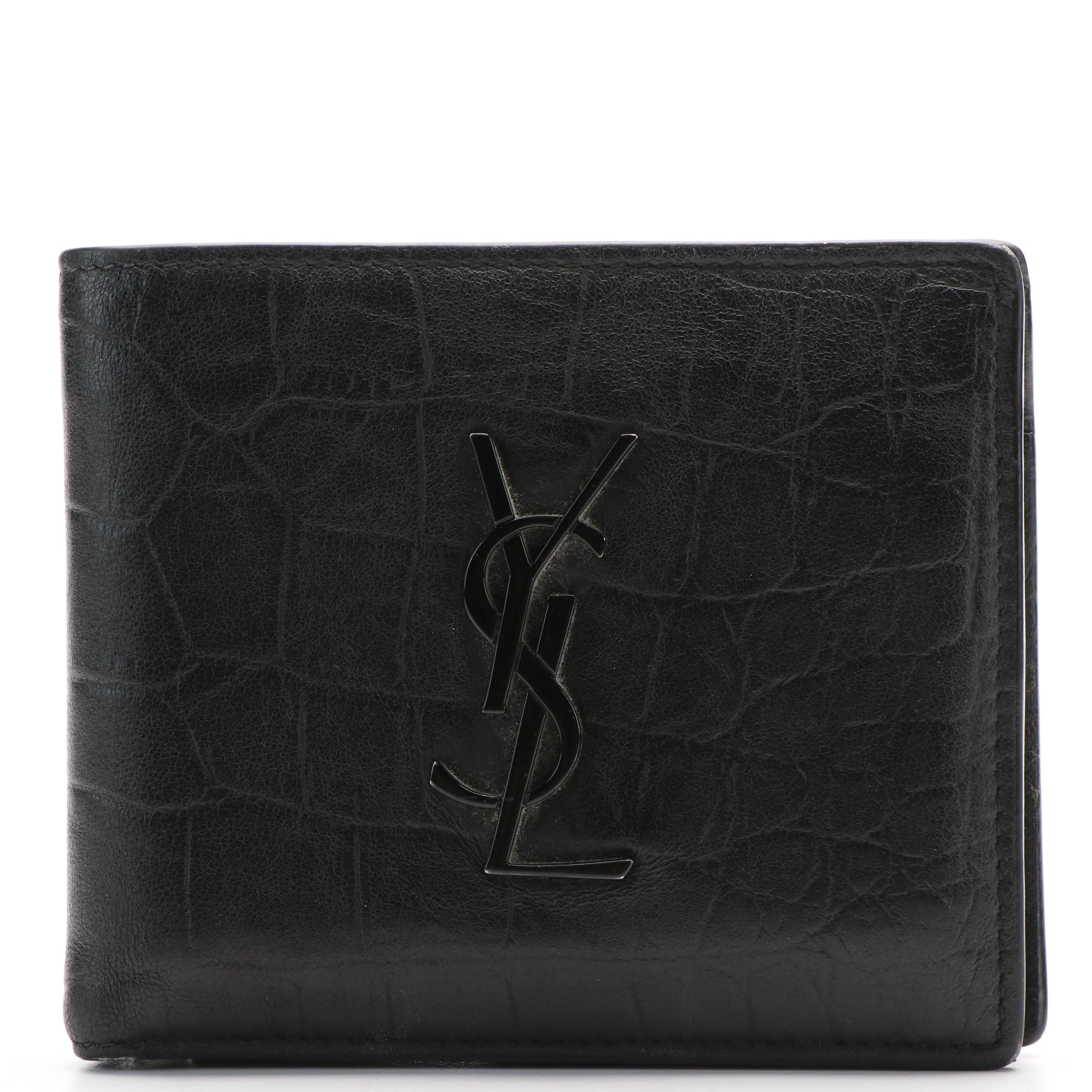Saint Laurent YSL Logo Croc-Embossed Leather Bi-Fold Wallet