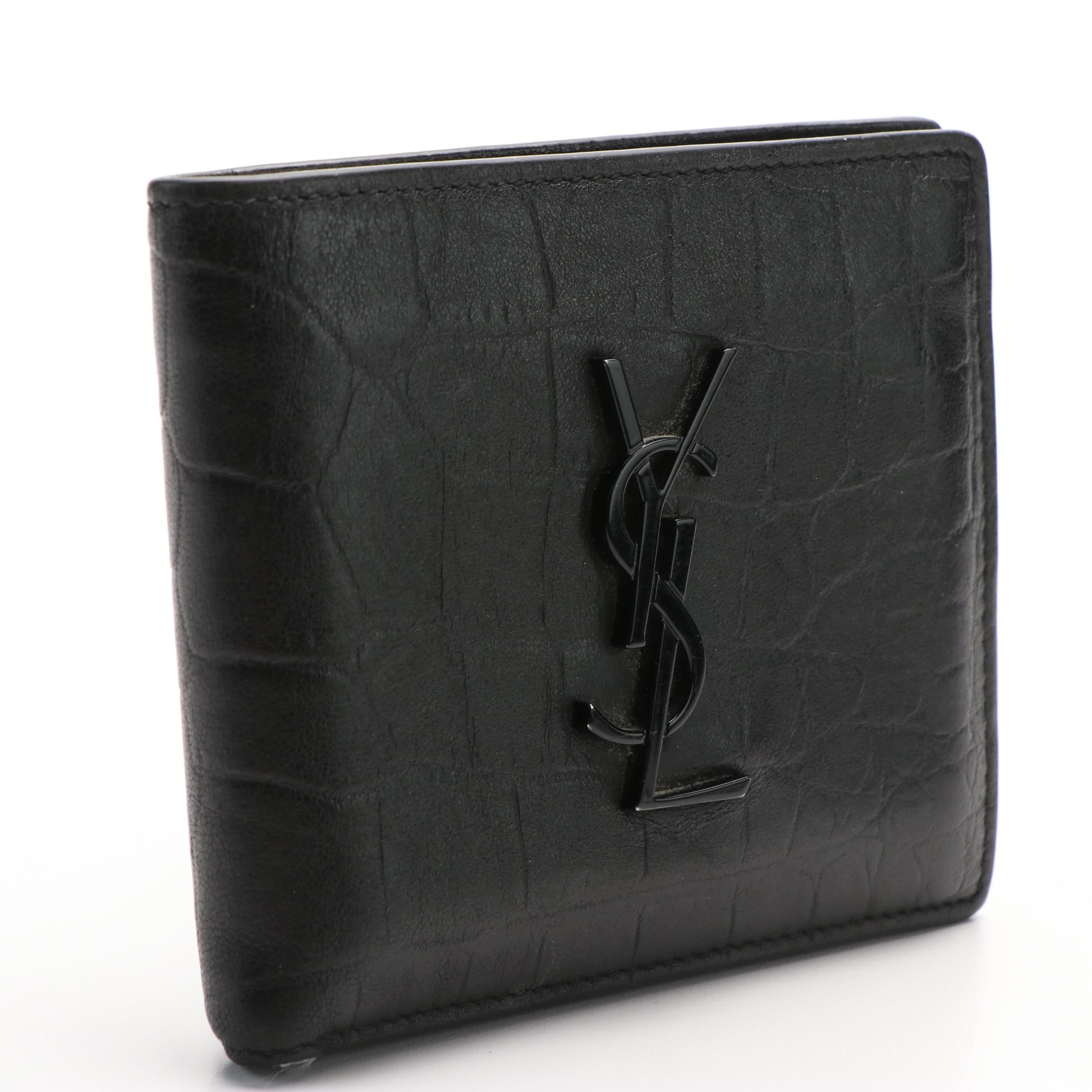 Saint Laurent YSL Logo Croc-Embossed Leather Bi-Fold Wallet