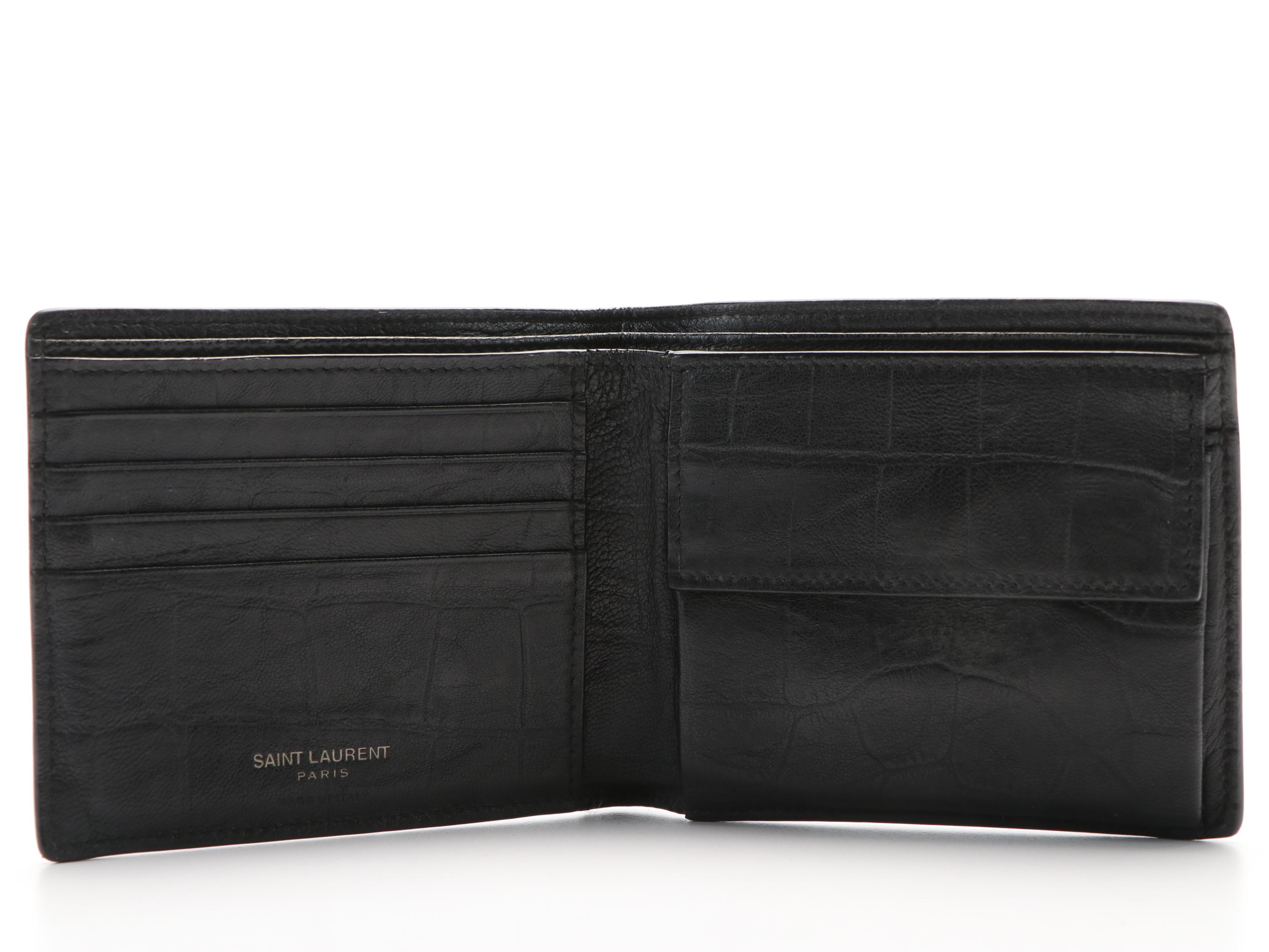 Saint Laurent YSL Logo Croc-Embossed Leather Bi-Fold Wallet