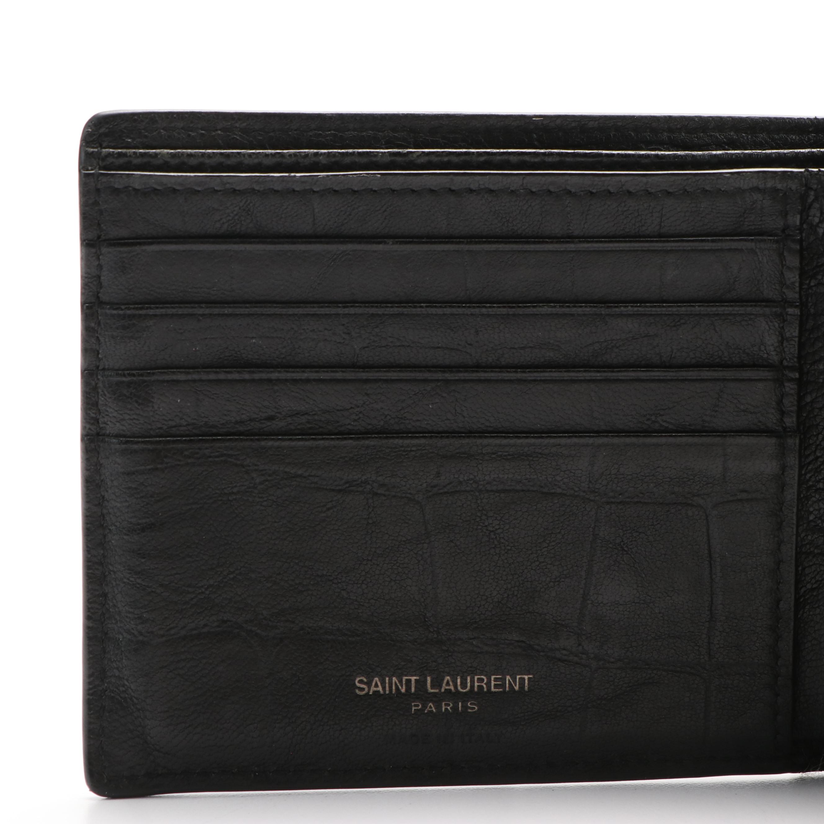 Saint Laurent YSL Logo Croc-Embossed Leather Bi-Fold Wallet
