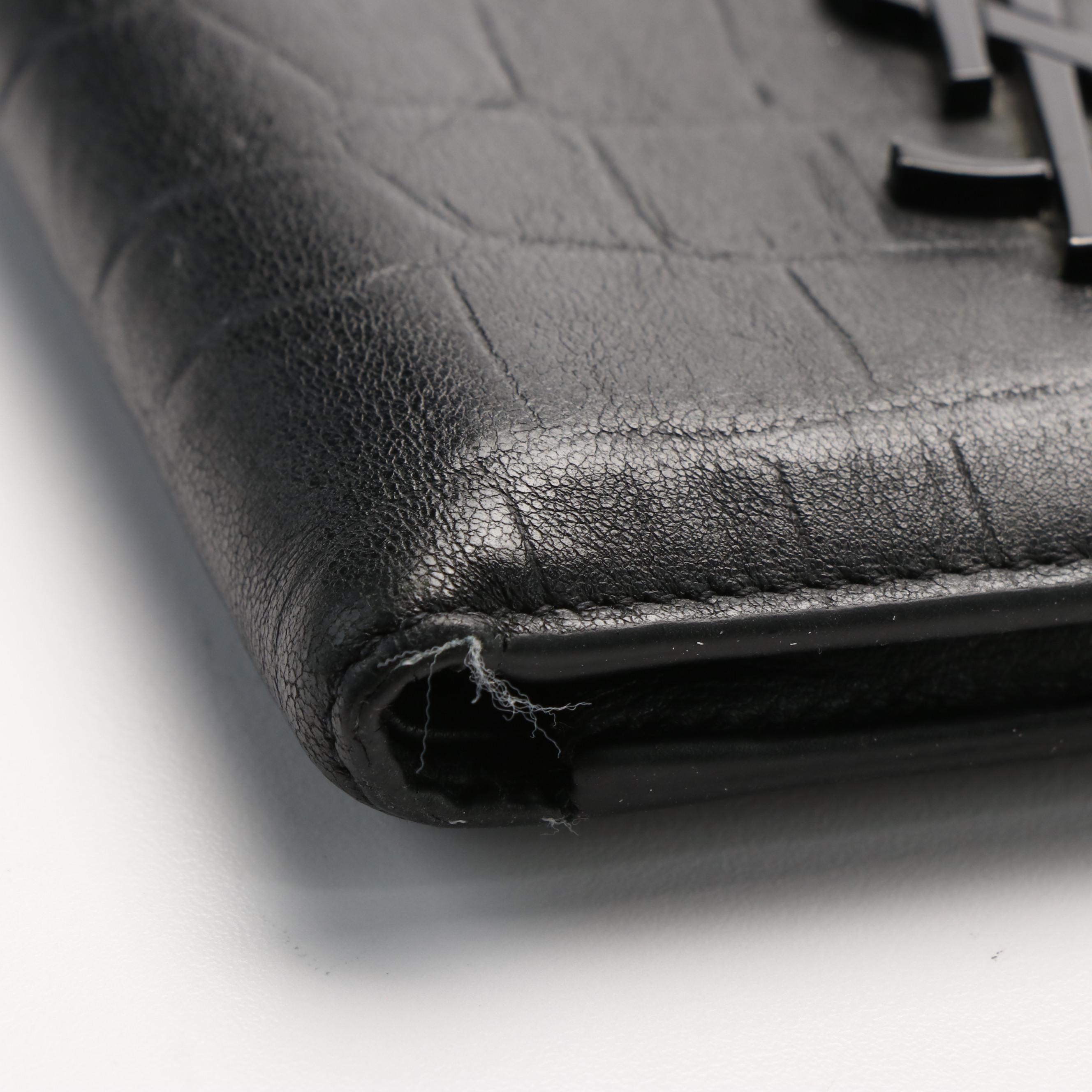 Saint Laurent YSL Logo Croc-Embossed Leather Bi-Fold Wallet