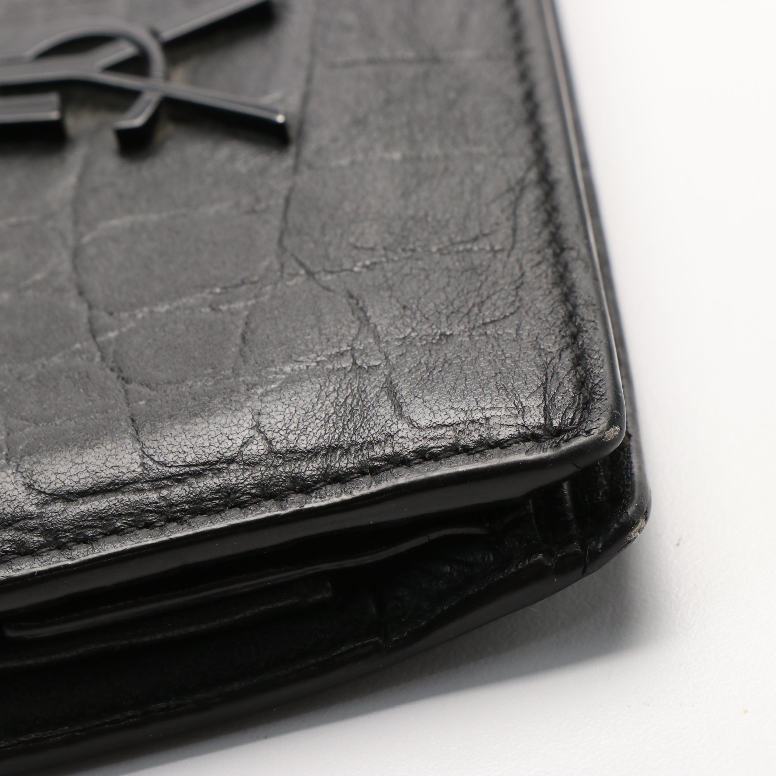 Saint Laurent YSL Logo Croc-Embossed Leather Bi-Fold Wallet