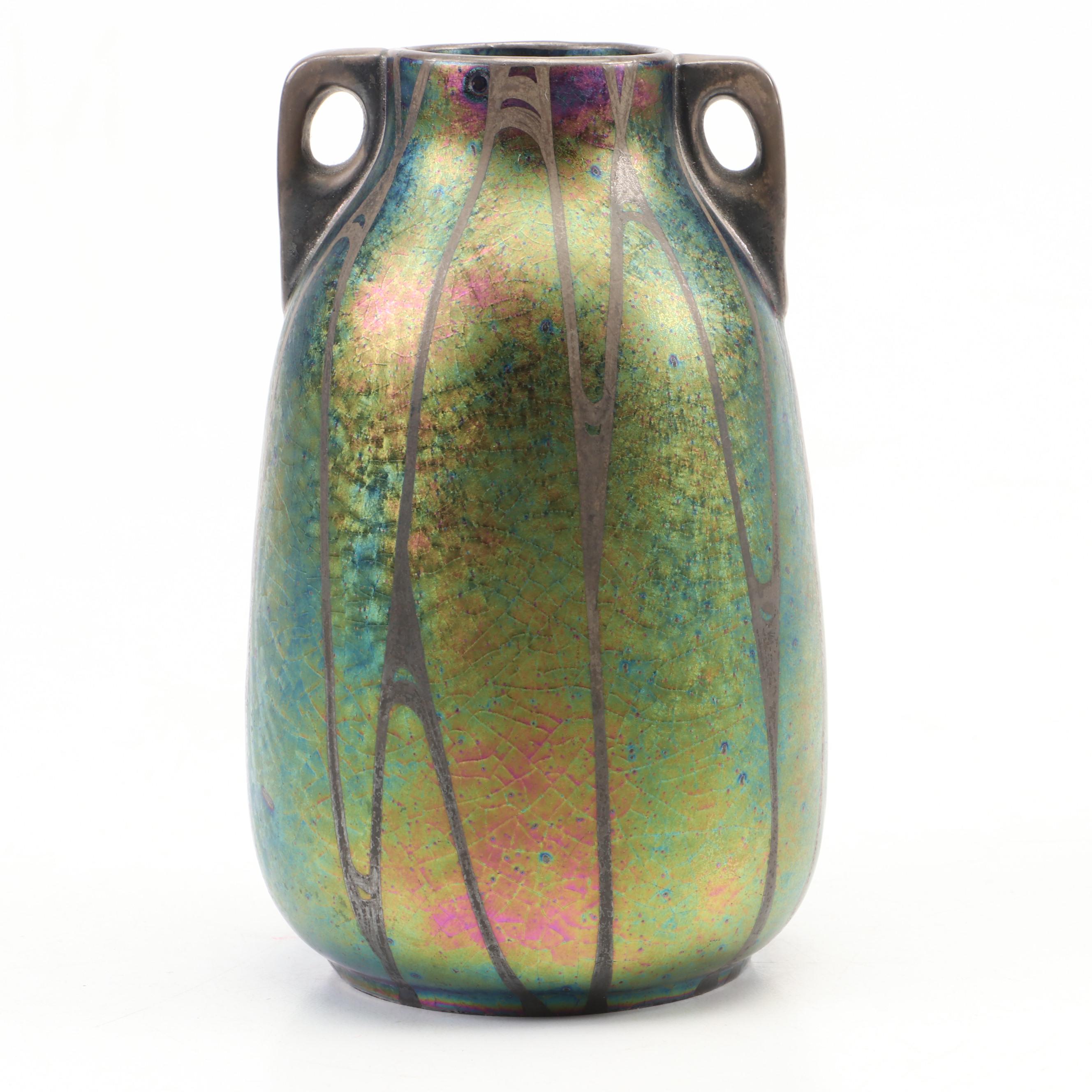 European Art Nouveau Iridescent Ceramic Vase with Silver Glaze Overlay