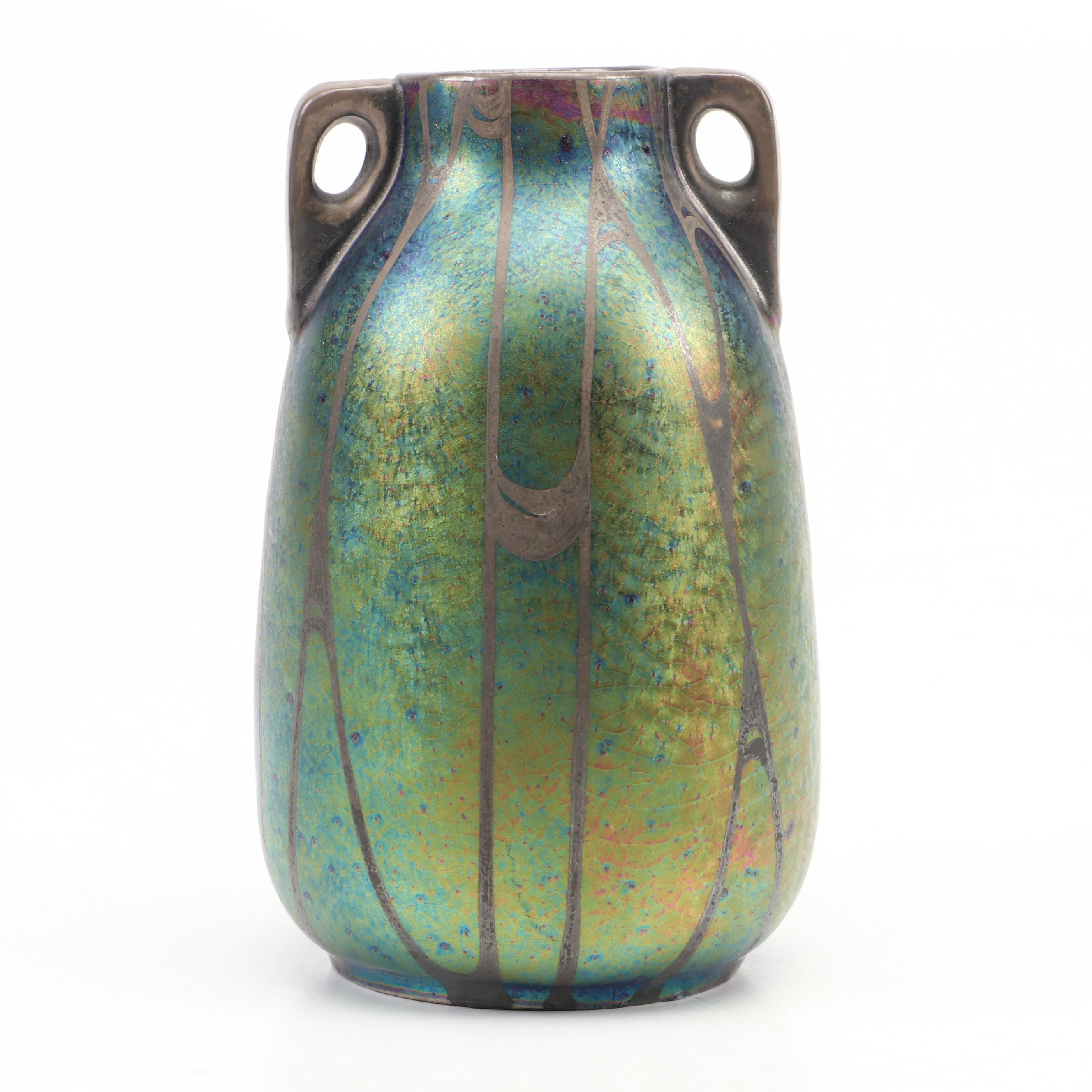 European Art Nouveau Iridescent Ceramic Vase with Silver Glaze Overlay
