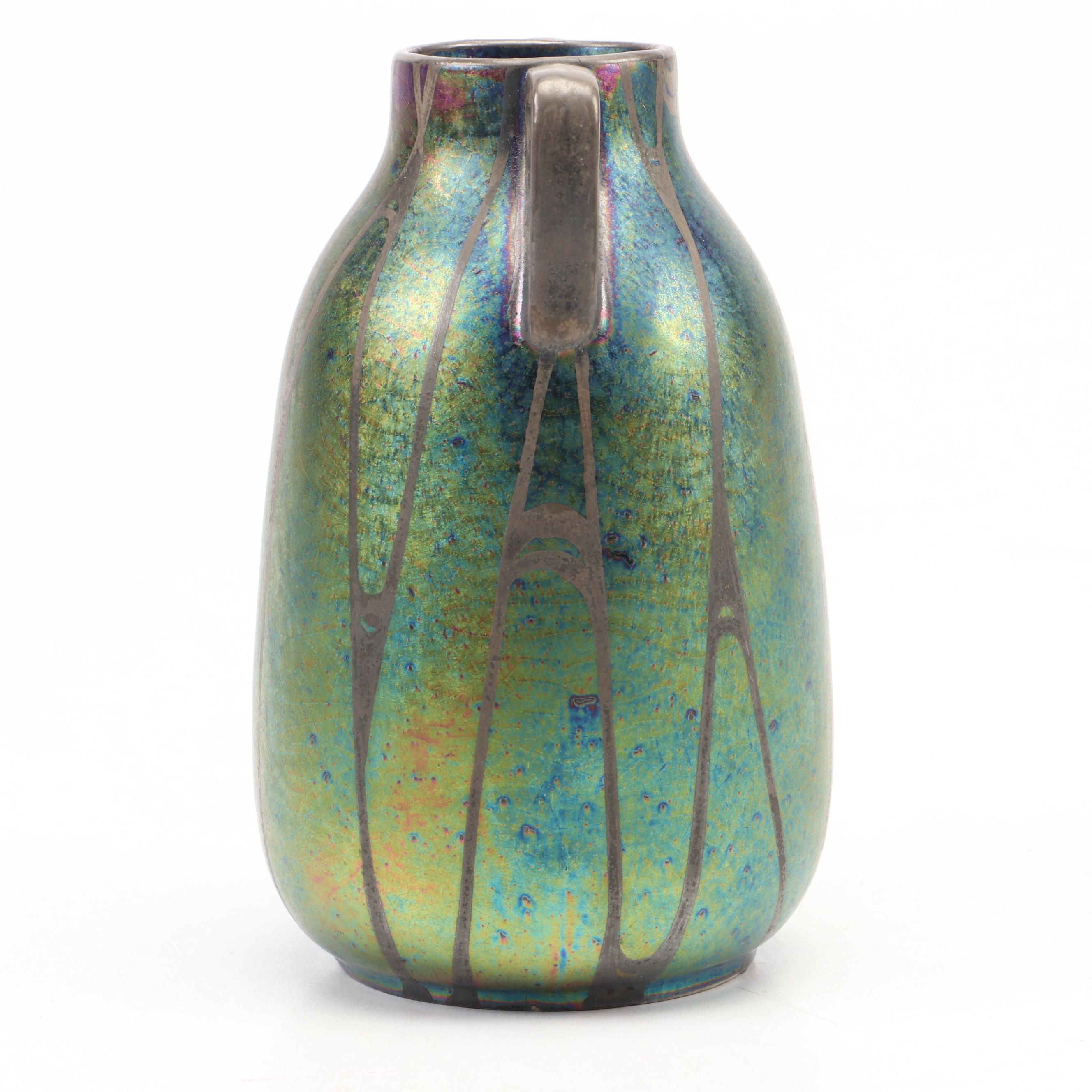 European Art Nouveau Iridescent Ceramic Vase with Silver Glaze Overlay