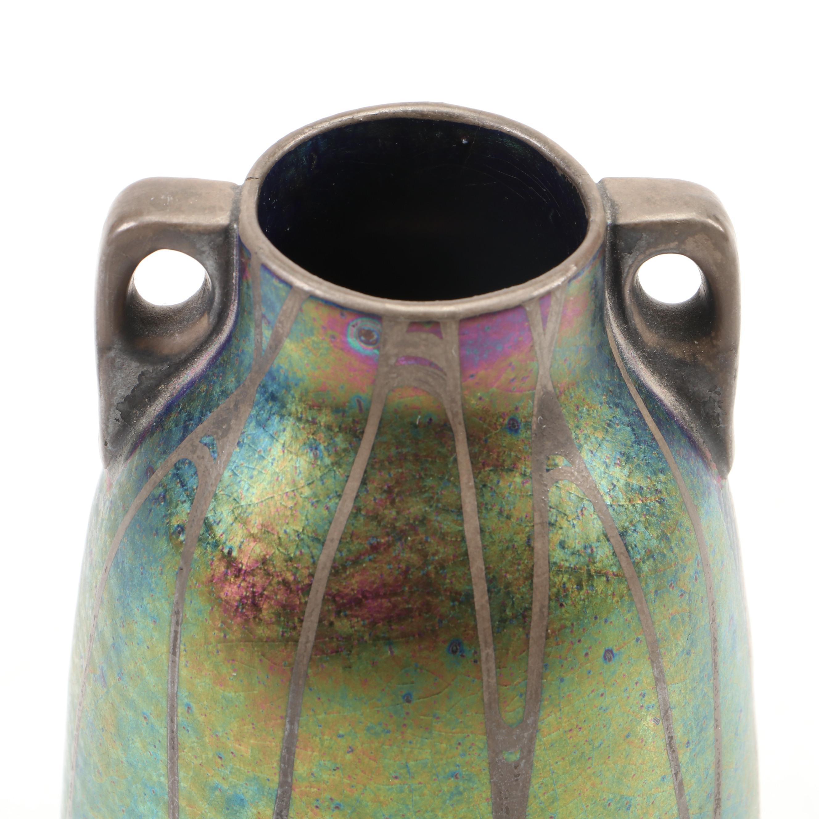 European Art Nouveau Iridescent Ceramic Vase with Silver Glaze Overlay