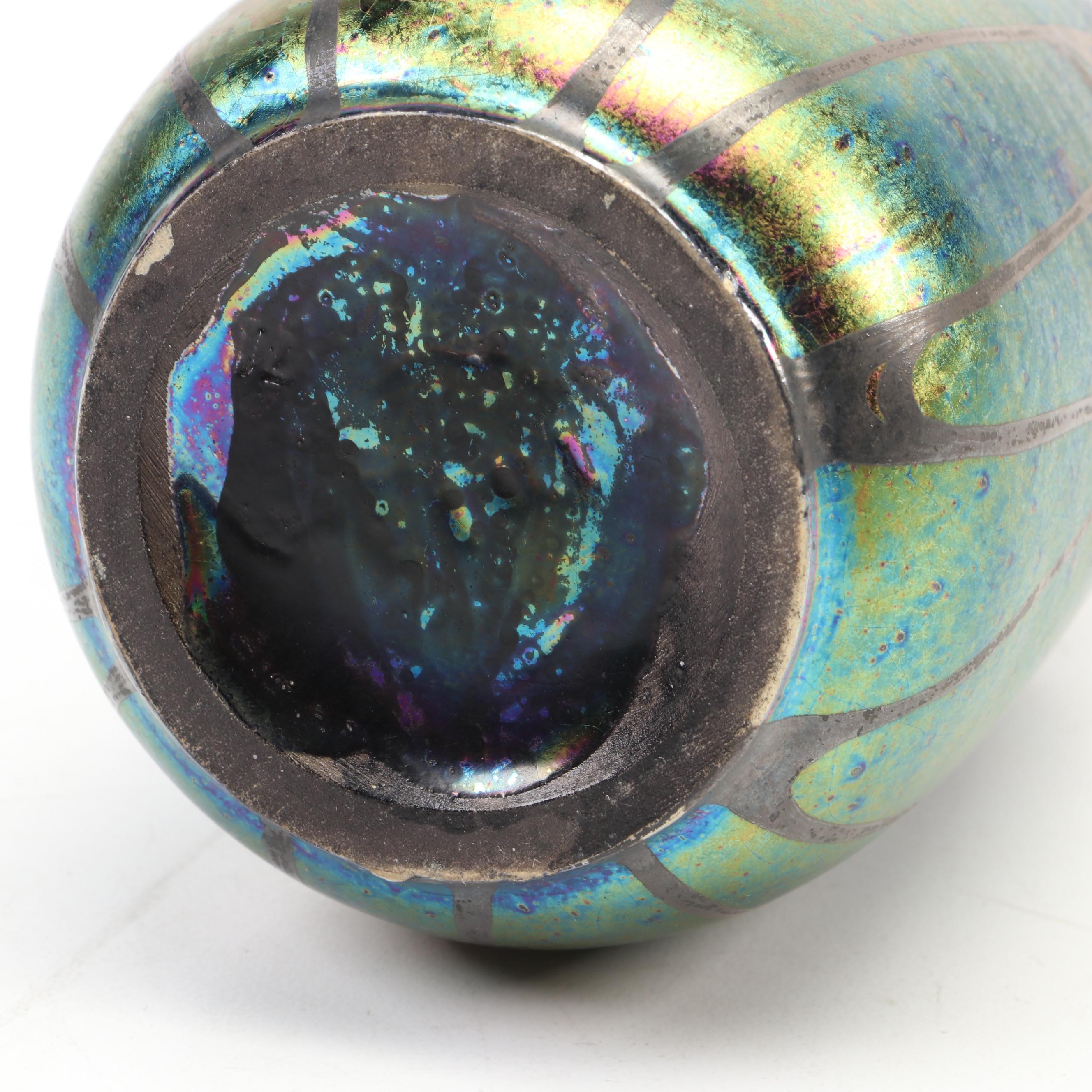 European Art Nouveau Iridescent Ceramic Vase with Silver Glaze Overlay