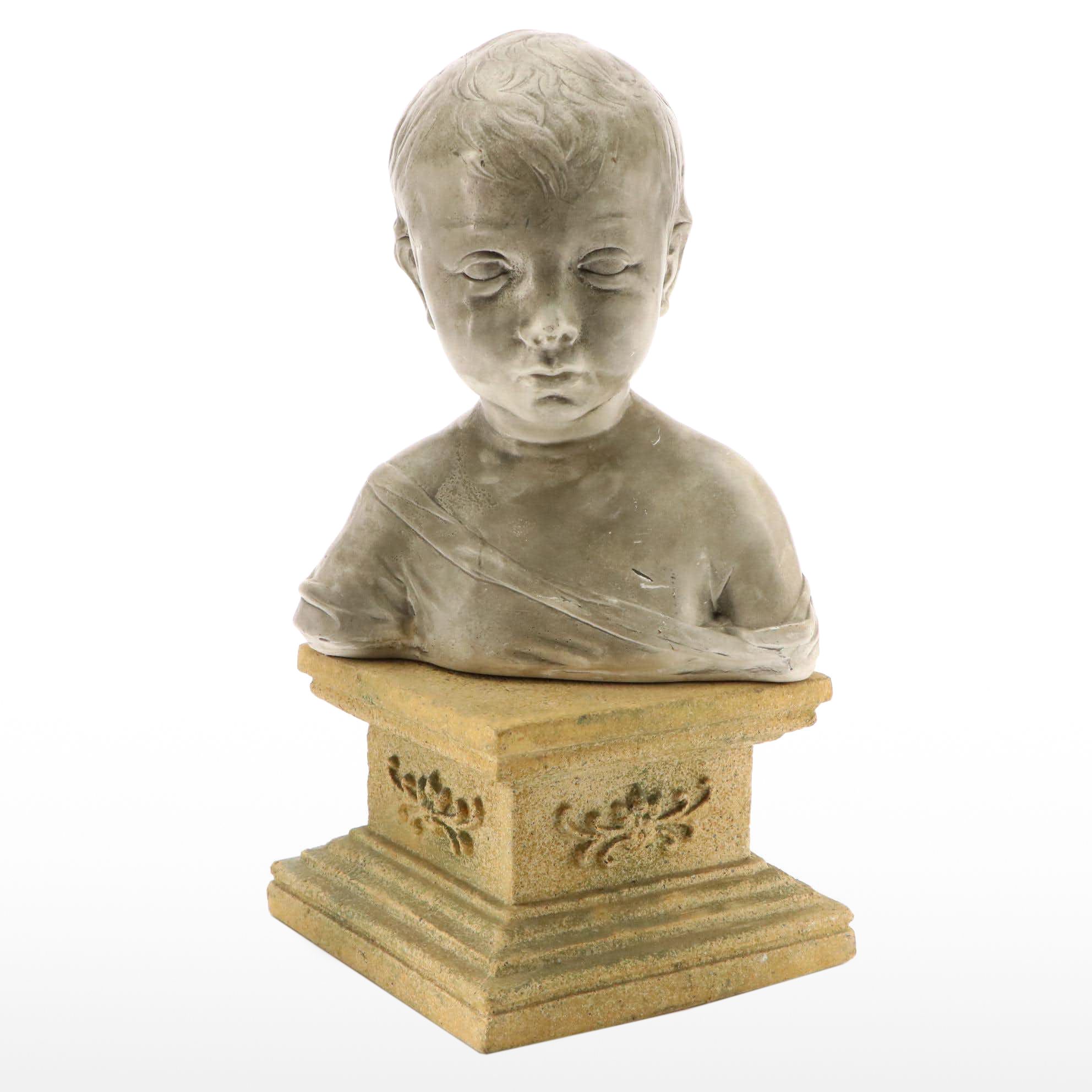 Painted Cast Plaster Portrait Bust Sculpture of a Young Child