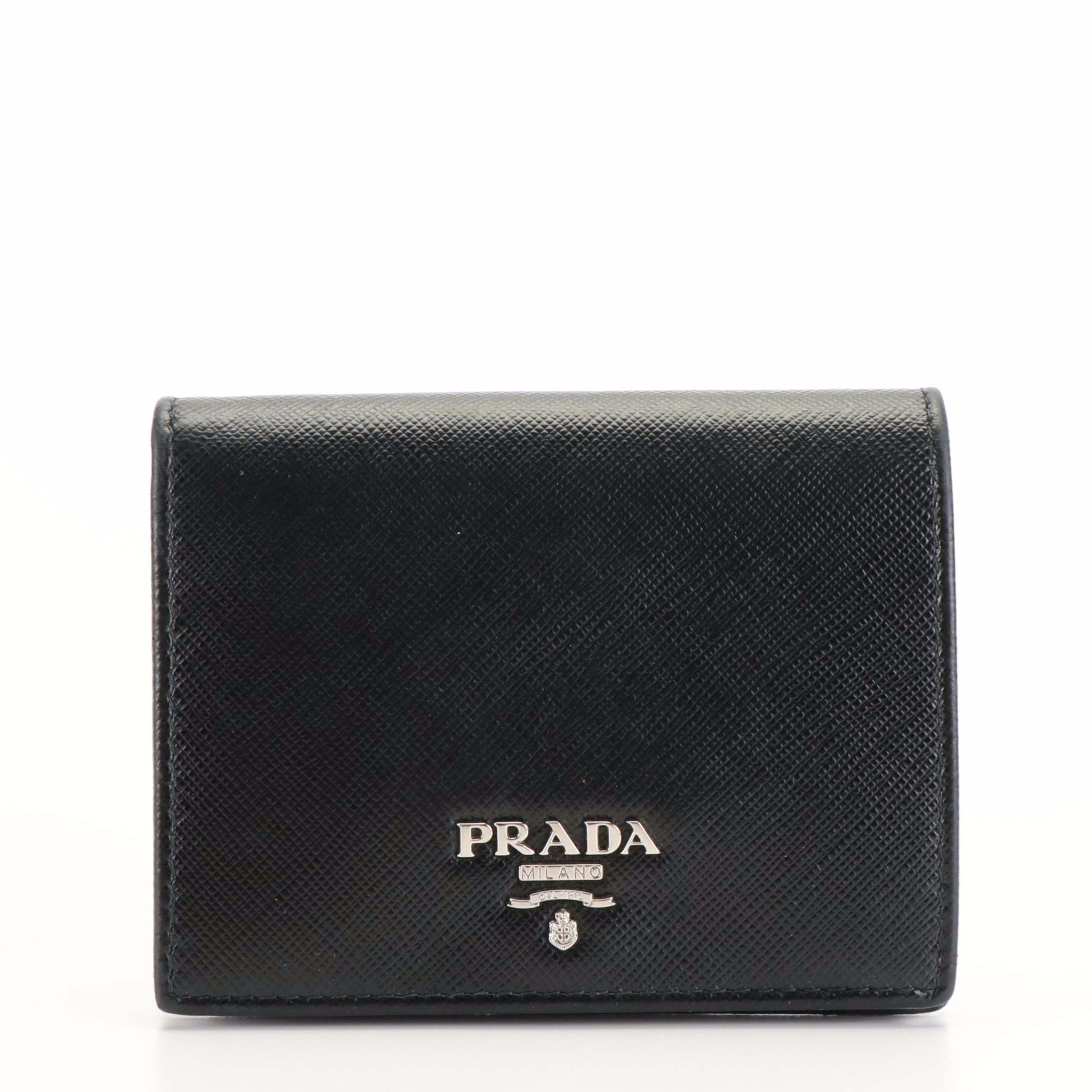 Prada Triangle Logo Black Saffiano Leather Bifold Wallet With Box