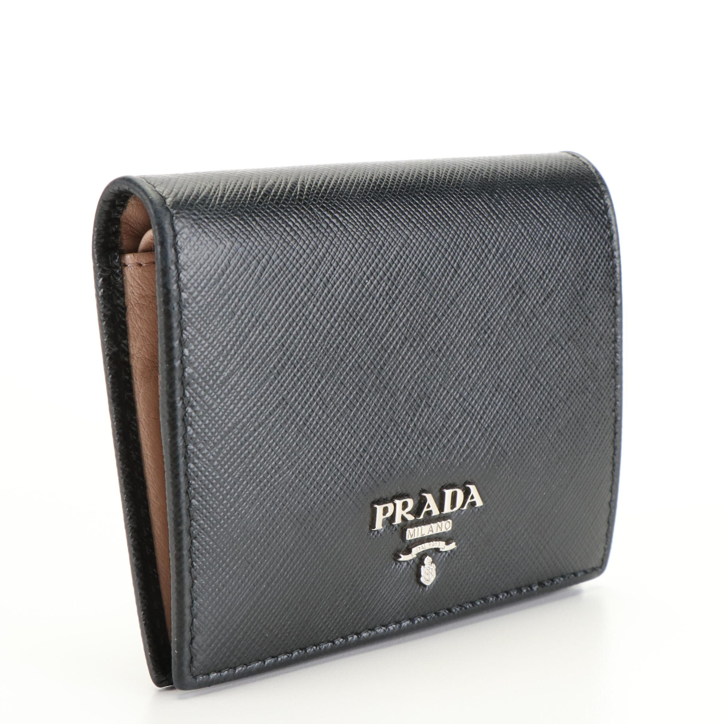 Prada Triangle Logo Black Saffiano Leather Bifold Wallet With Box