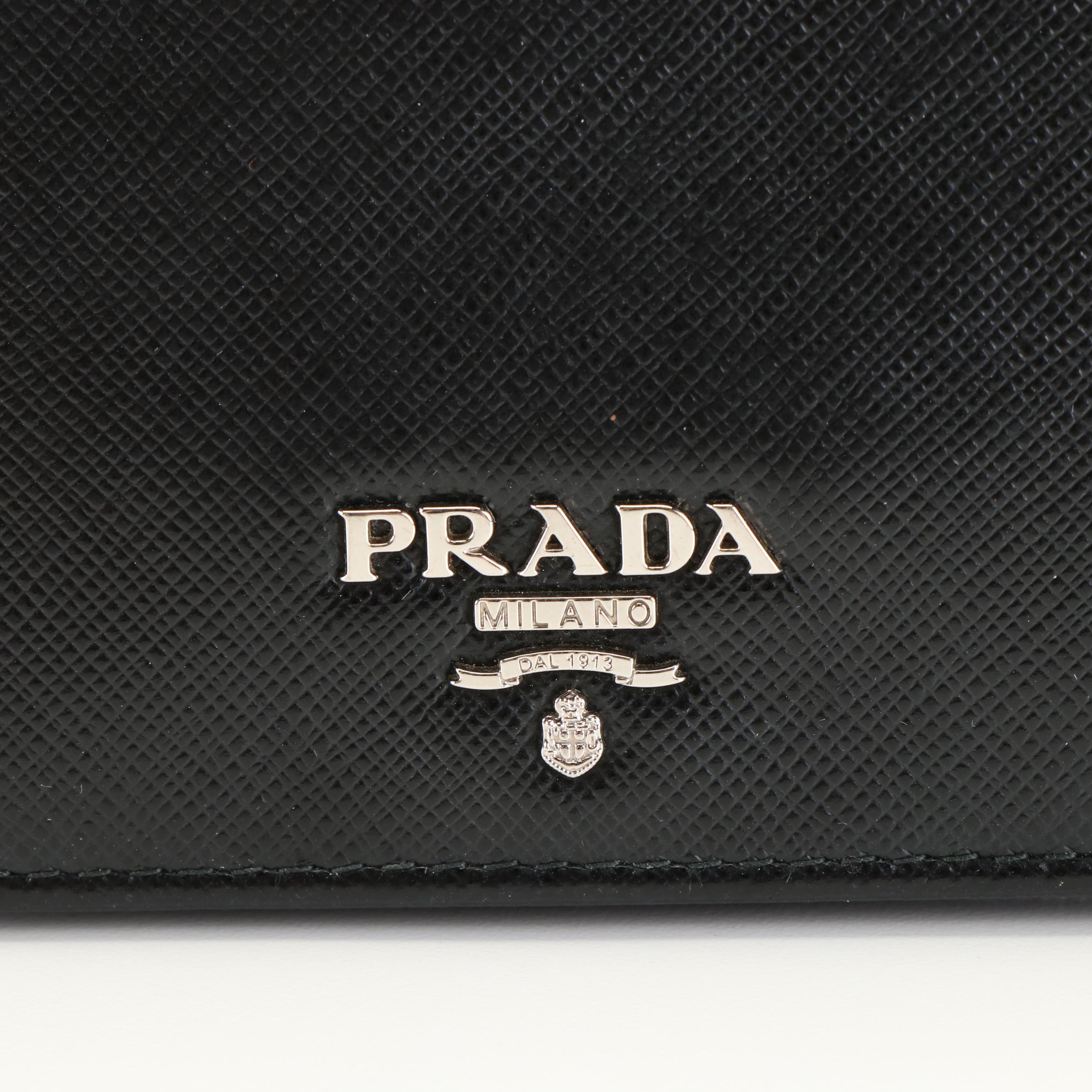 Prada Triangle Logo Black Saffiano Leather Bifold Wallet With Box