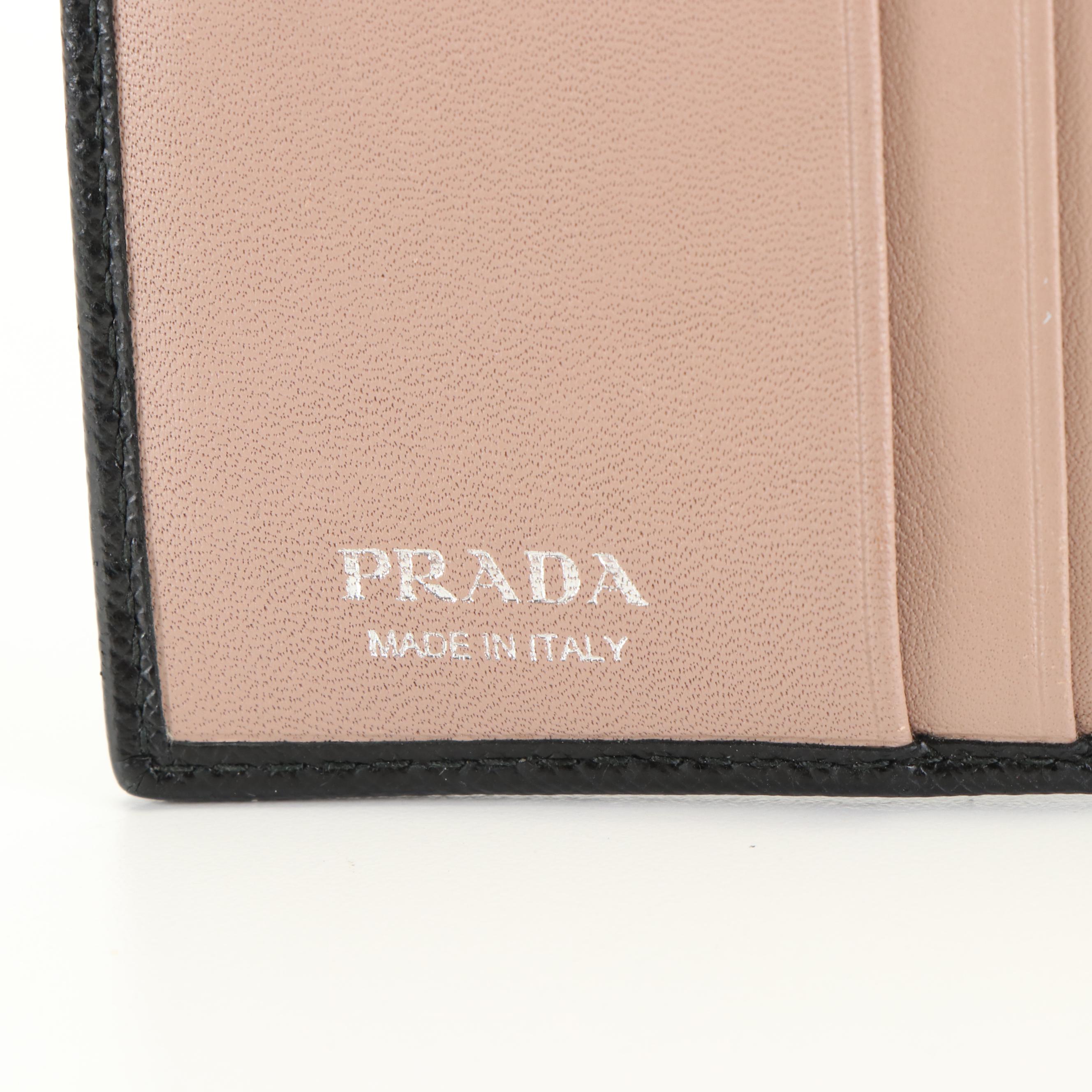 Prada Triangle Logo Black Saffiano Leather Bifold Wallet With Box