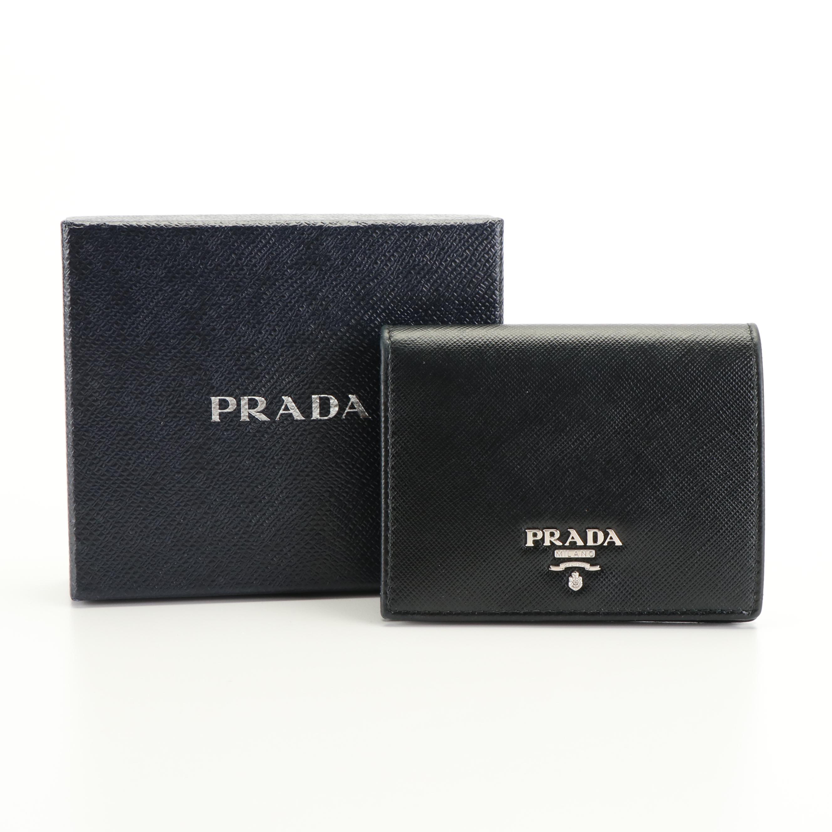 Prada Triangle Logo Black Saffiano Leather Bifold Wallet With Box