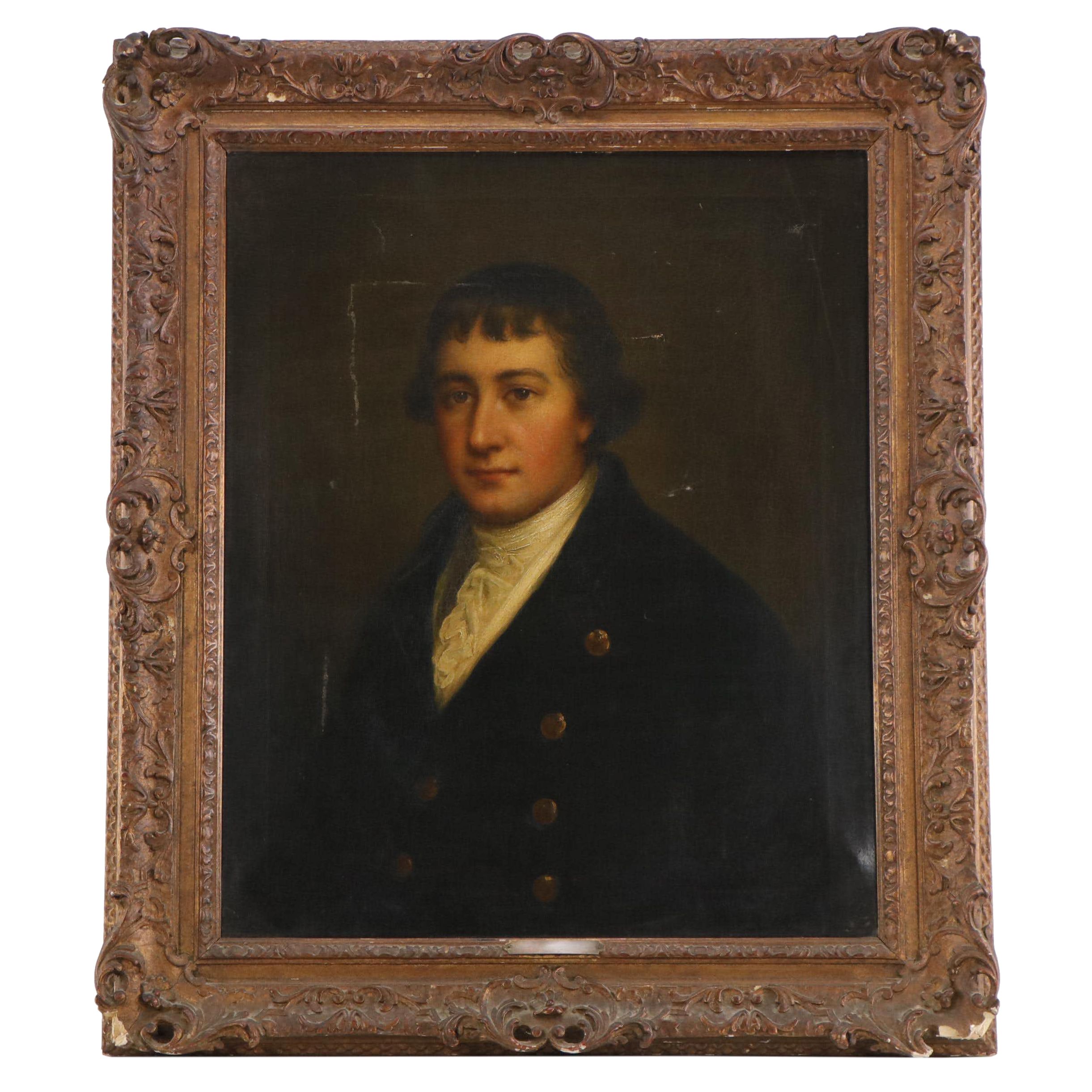 American School Portrait Oil Painting of Young Man in Coat, Late 19th Century