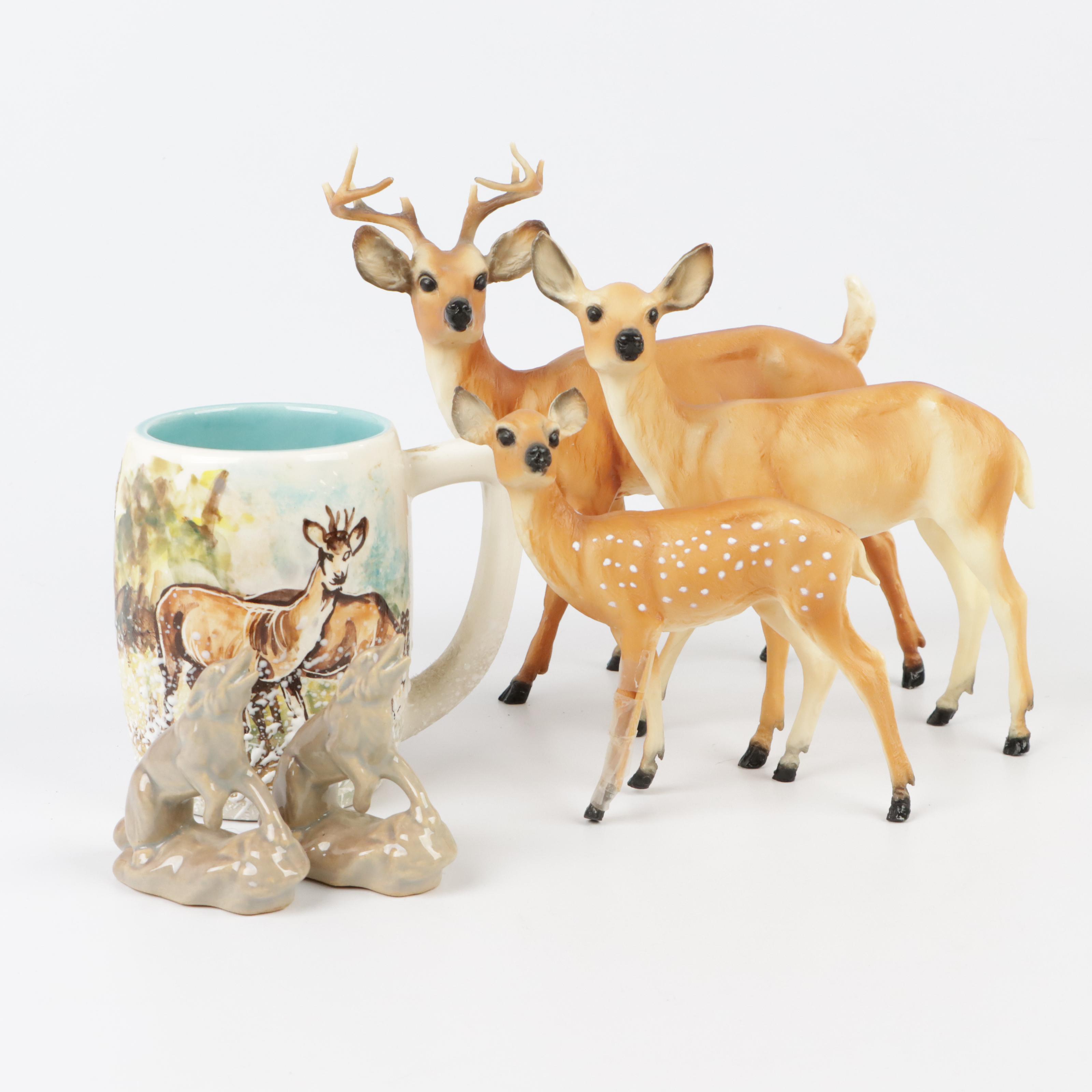 Signed Dryden Pottery Deer Mug, Rosemeade Wolf Salt and Pepper Shakers, and More