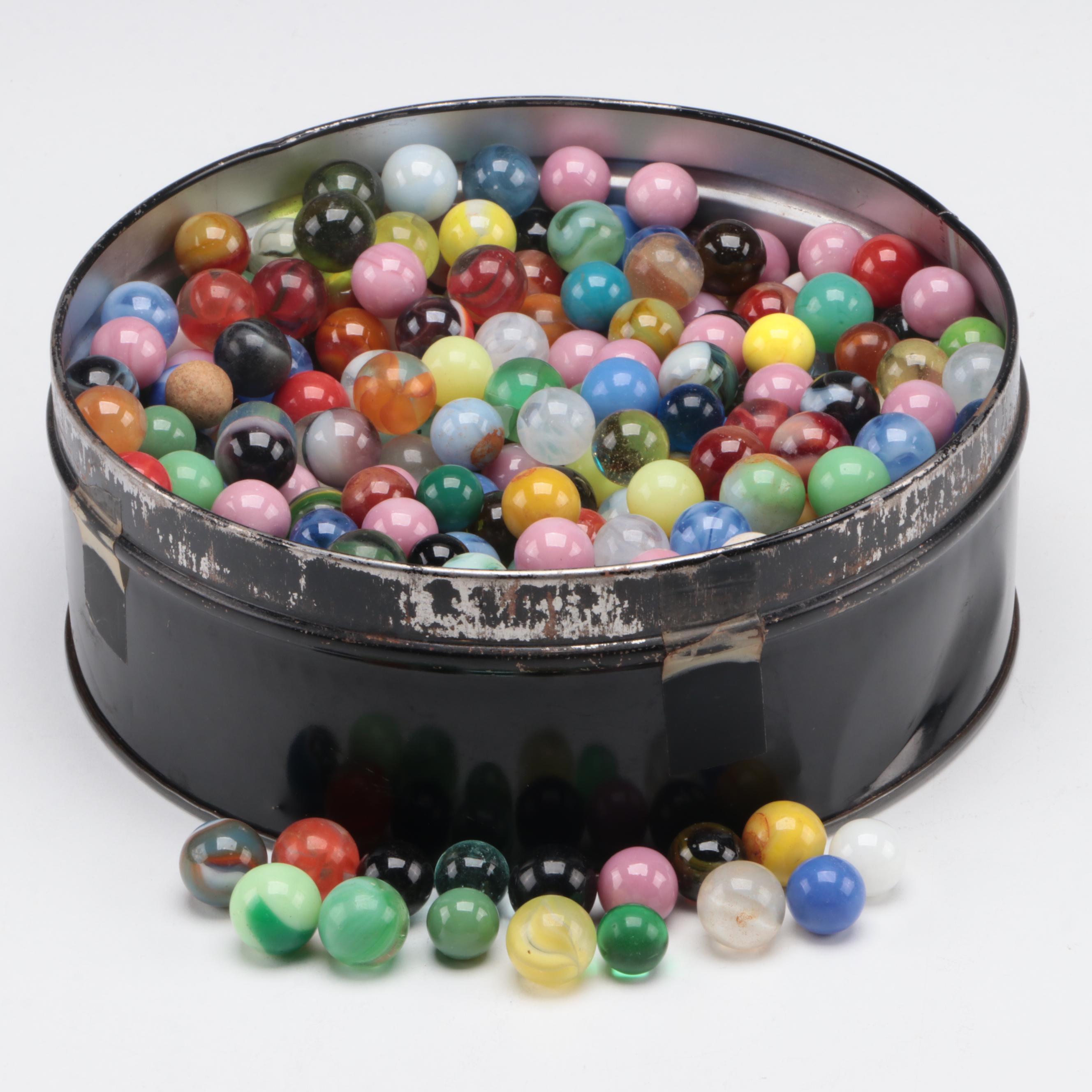 Handmade and Machine Made Glass Marble in Tin Litho Box