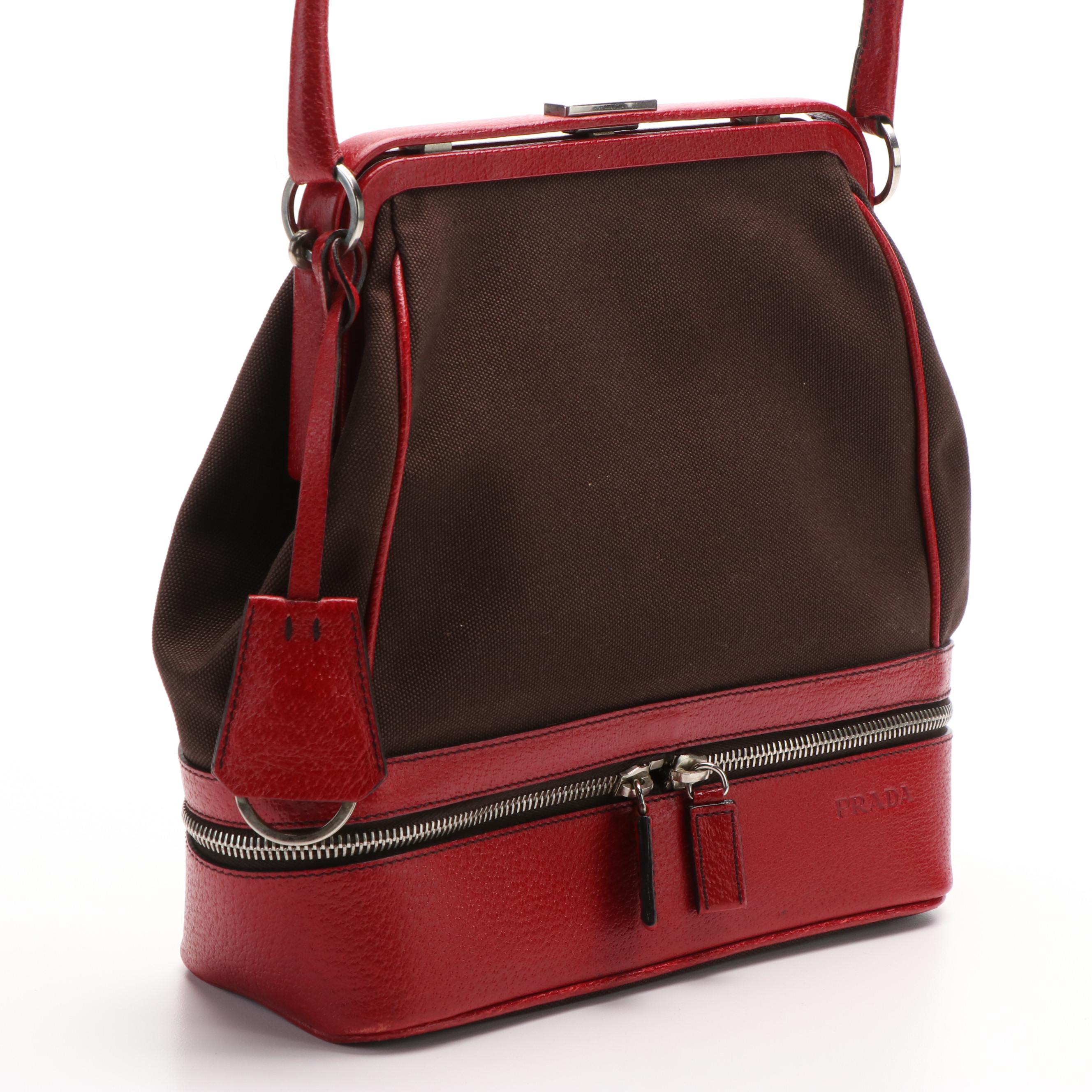 Prada Canapa Cerniera Frame Red and Dark Brown Doctor Bag
