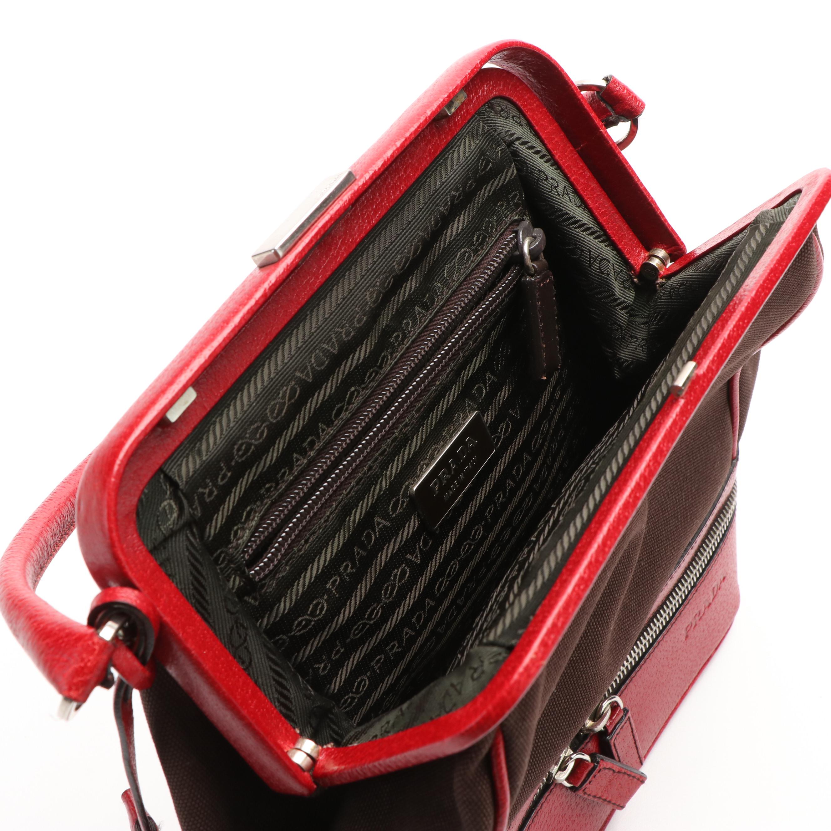 Prada Canapa Cerniera Frame Red and Dark Brown Doctor Bag