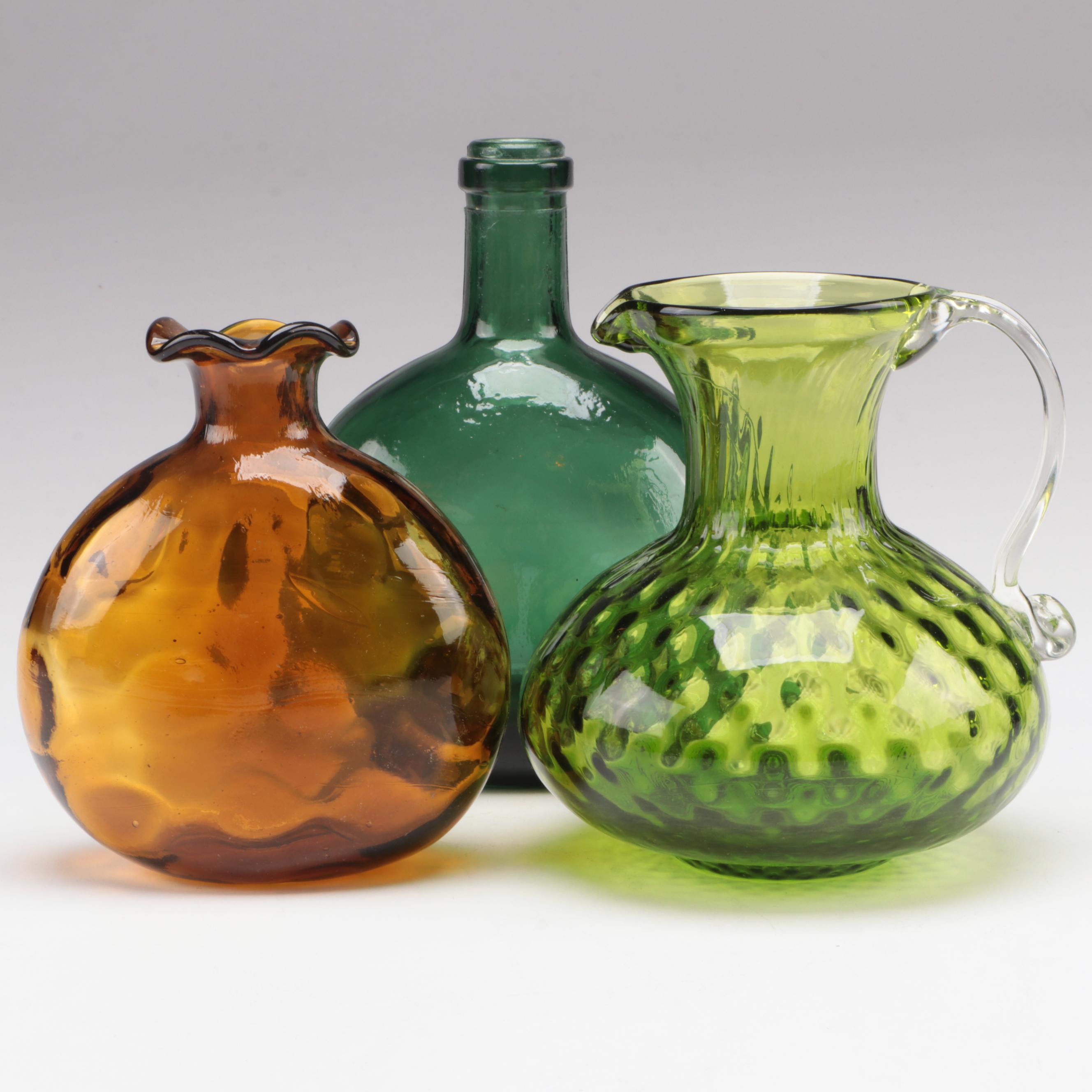 Pilgrim Glass Pitcher with Mold Blown Glass Bottle and Vase