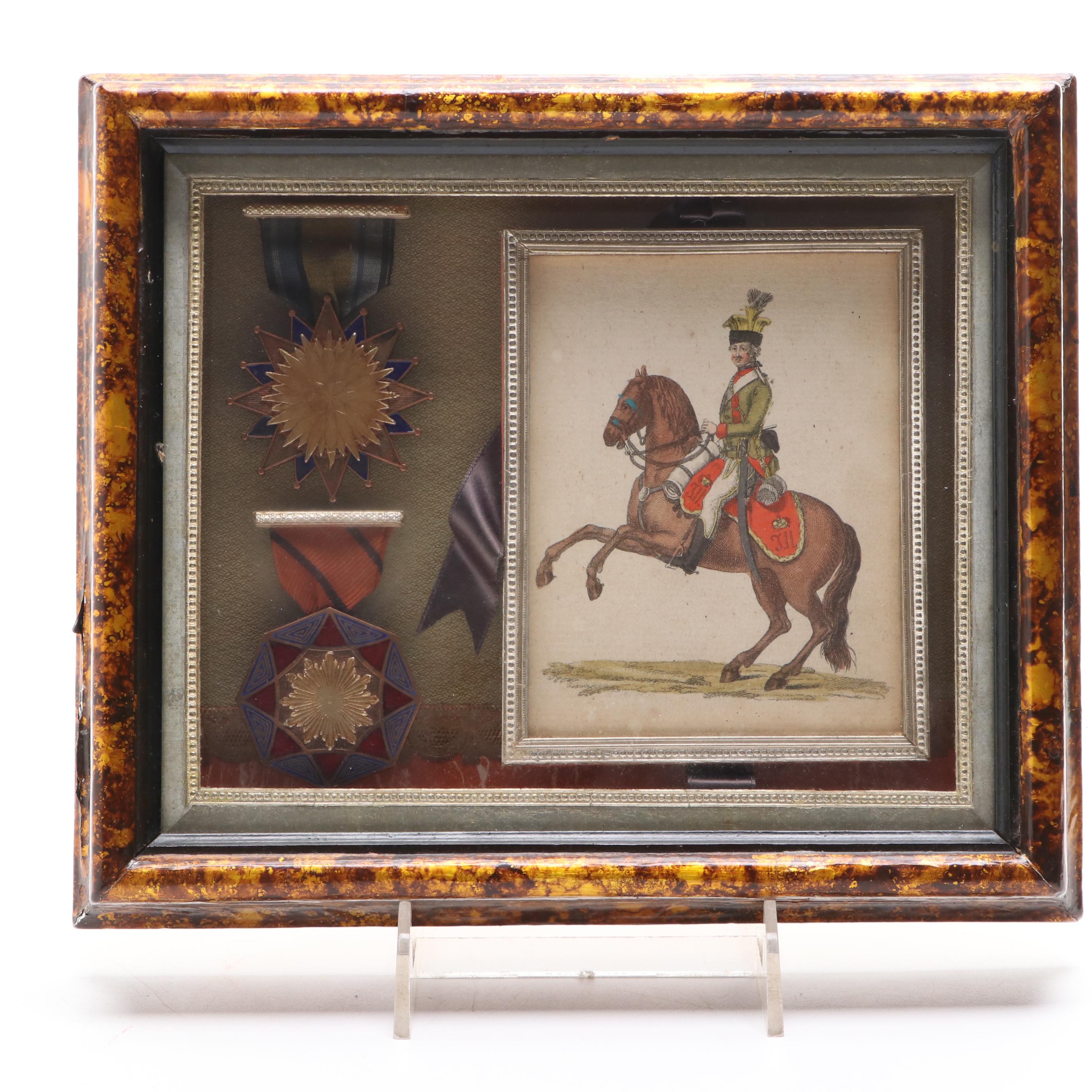 Antique Signed Colored Print of a Soldier on a Horse with Other Military Medals
