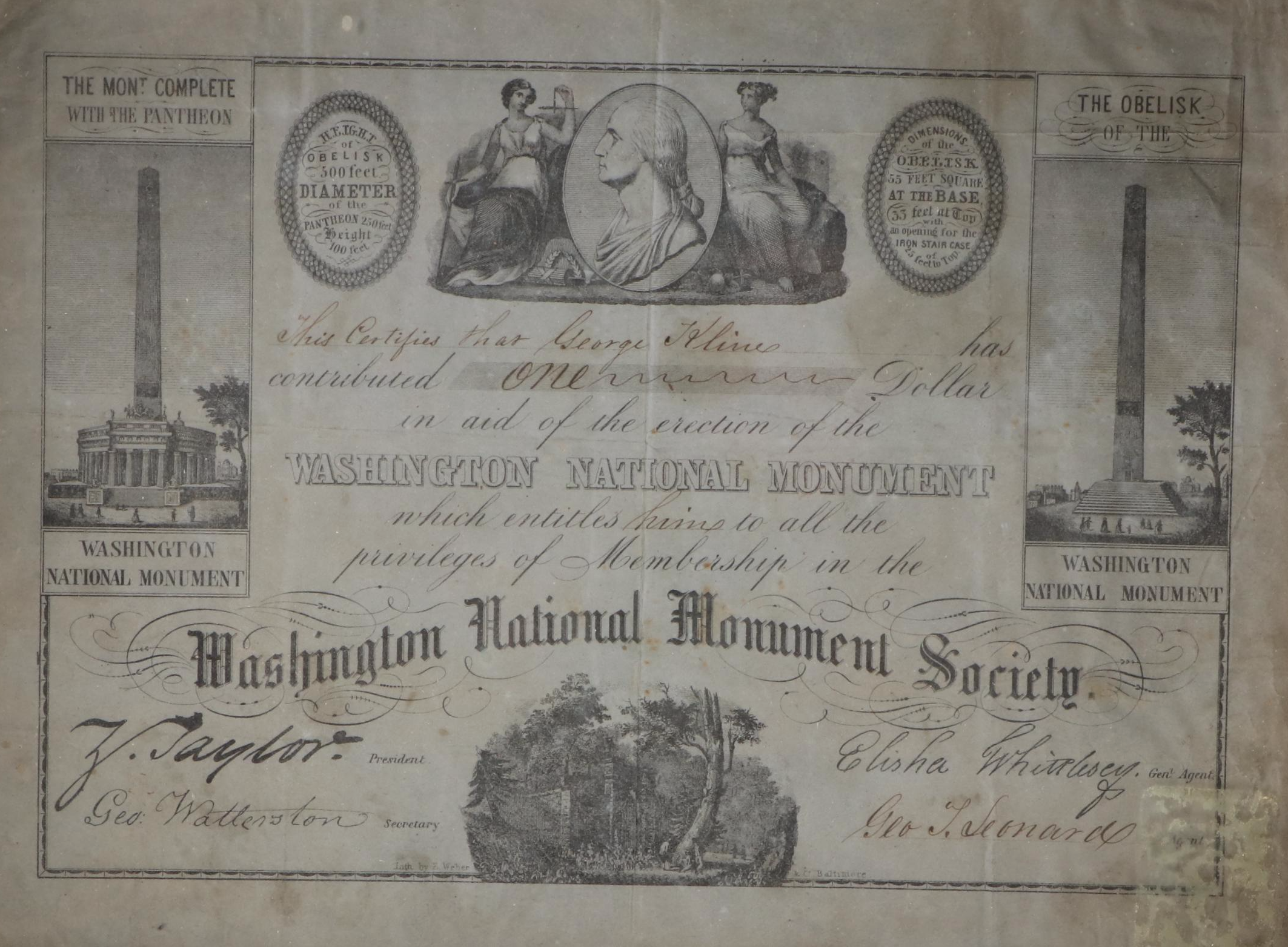 Zachary Taylor Signed Washington National Monument Society Certificate