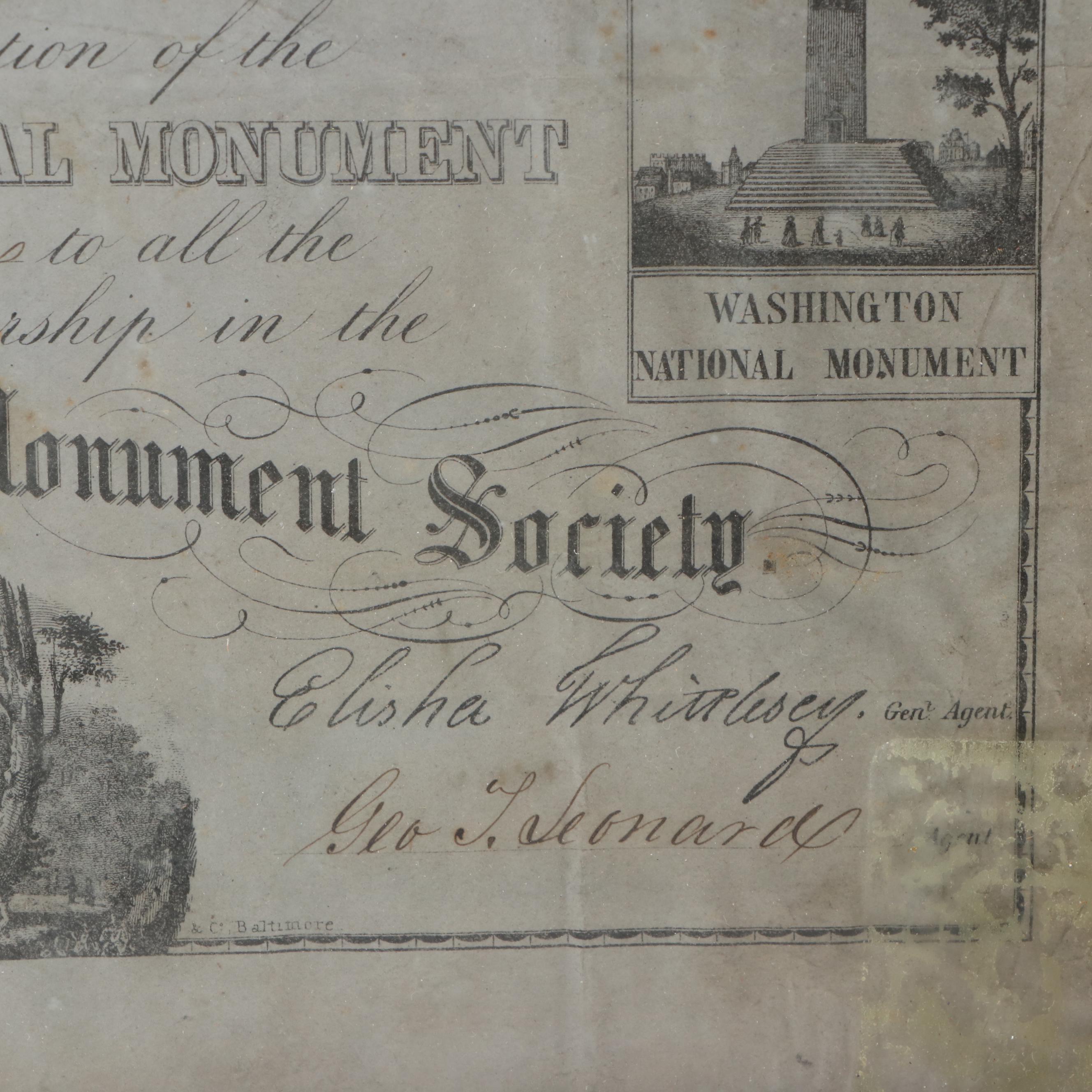 Zachary Taylor Signed Washington National Monument Society Certificate