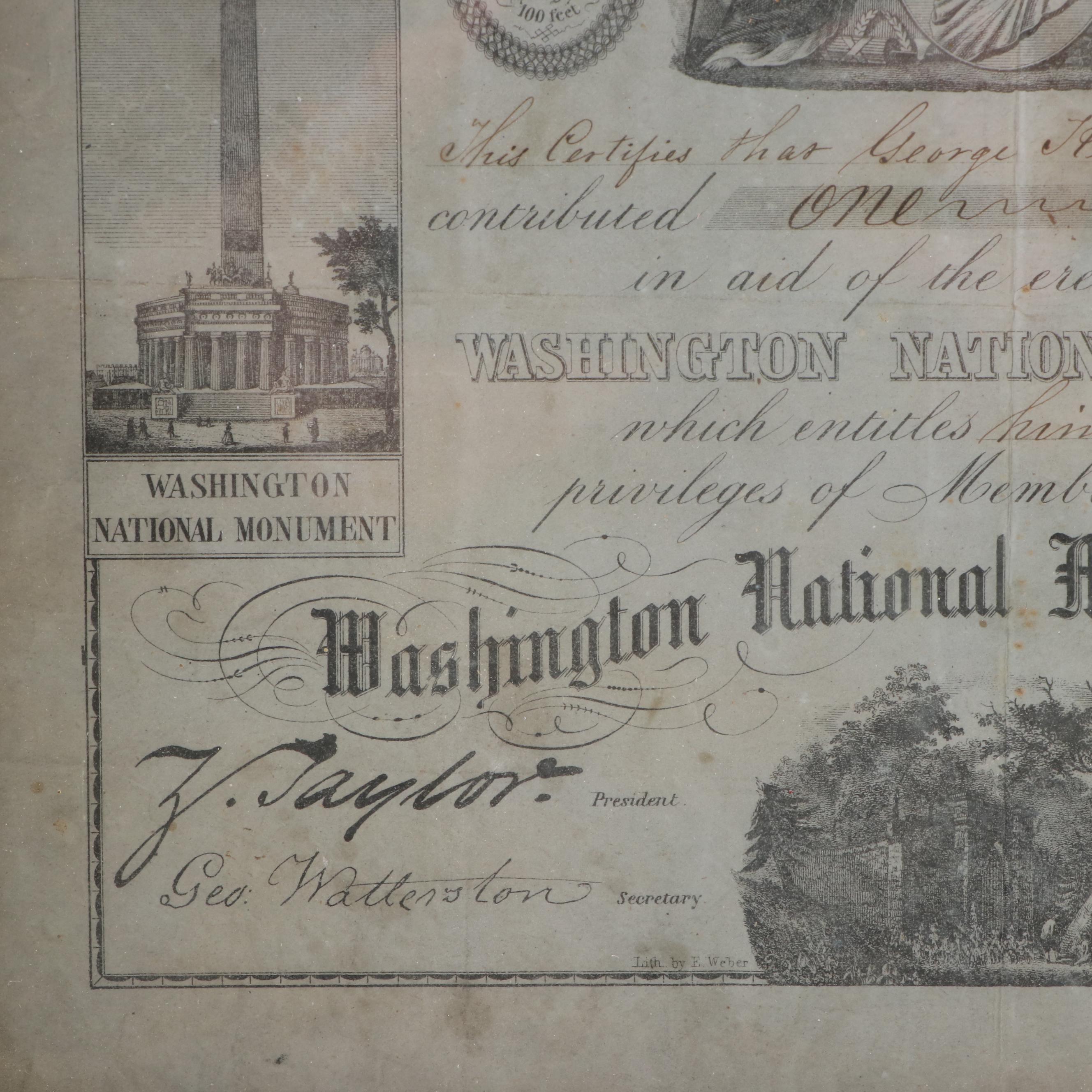Zachary Taylor Signed Washington National Monument Society Certificate