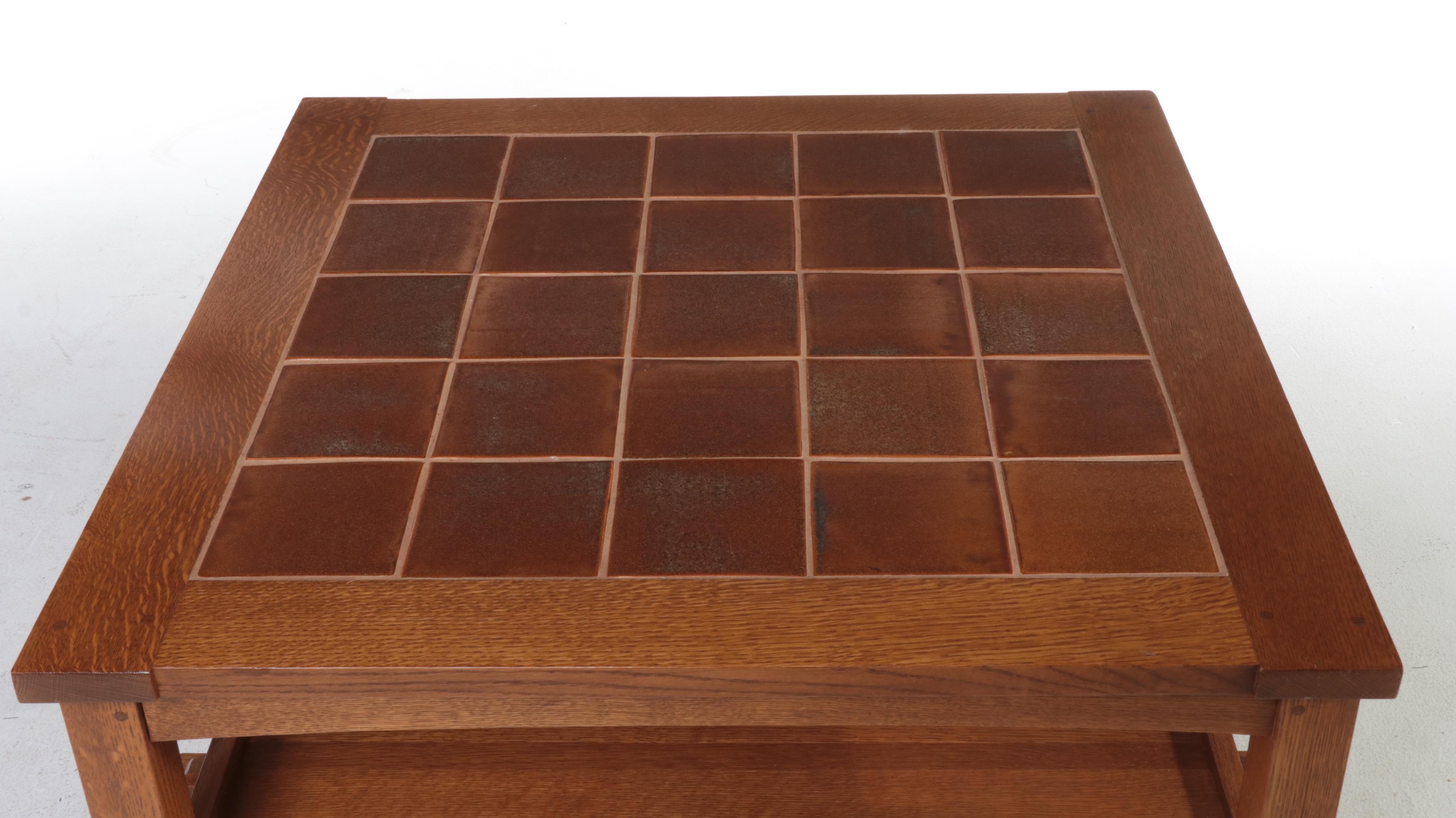 Stickley Arts and Crafts Style Oak and Tile Top Side Table, dated 1997