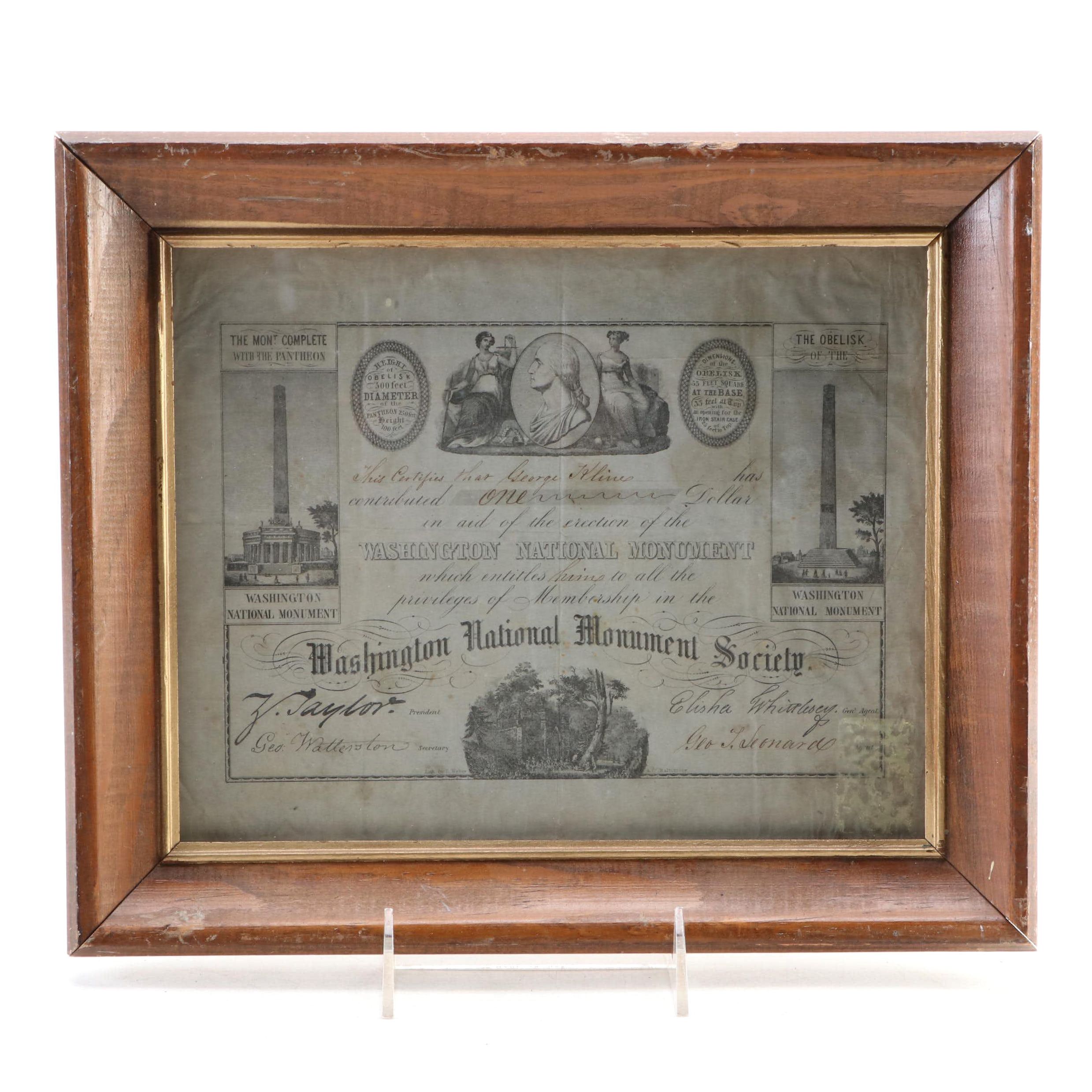 Zachary Taylor Signed Washington National Monument Society Certificate