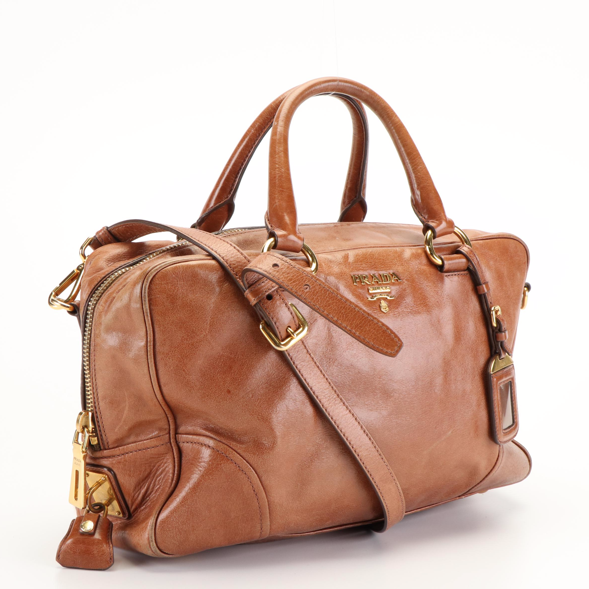 Prada Palissandro Vitello Shine Leather Boston Bag