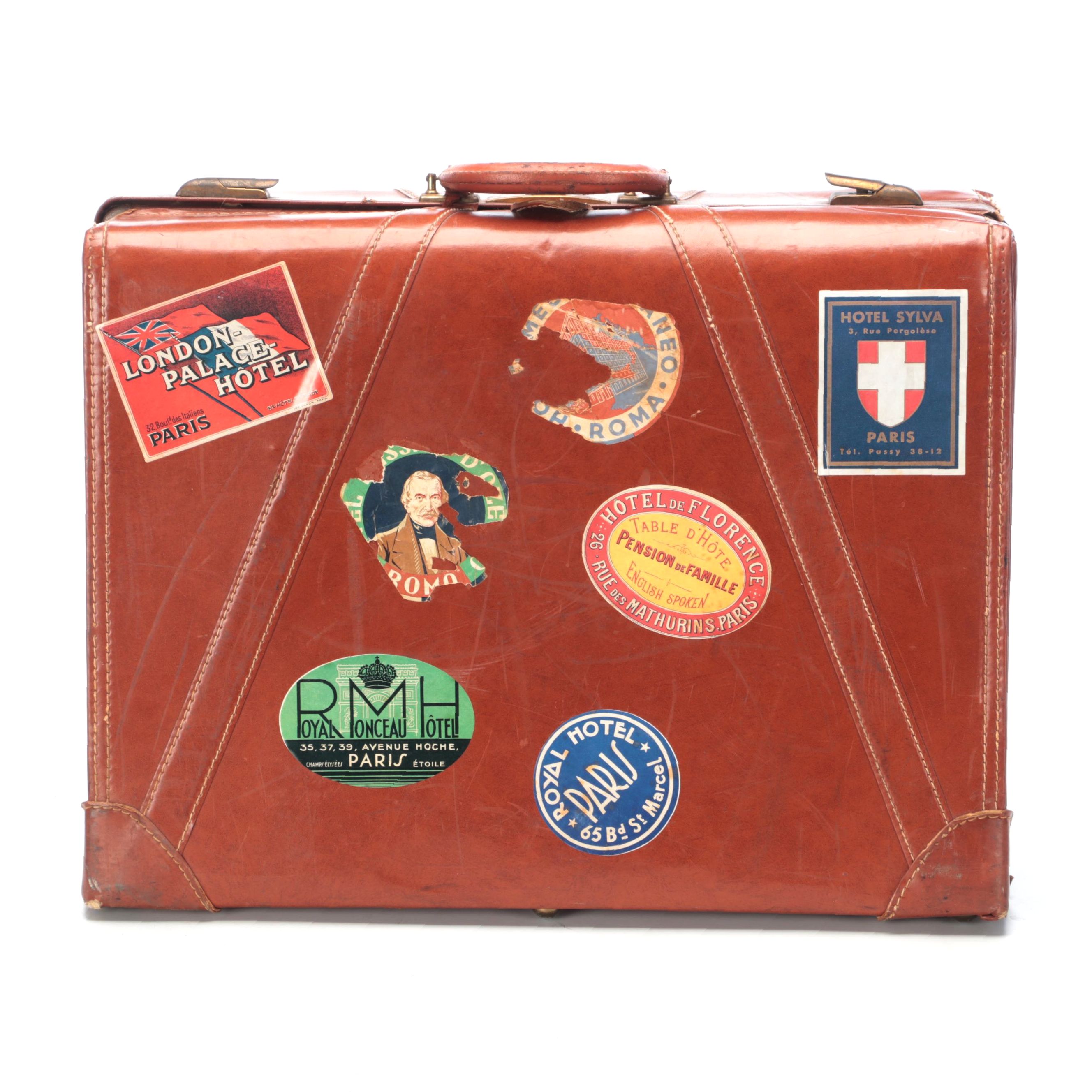 Vintage Leather-Covered Suitcase with International Travel Stickers