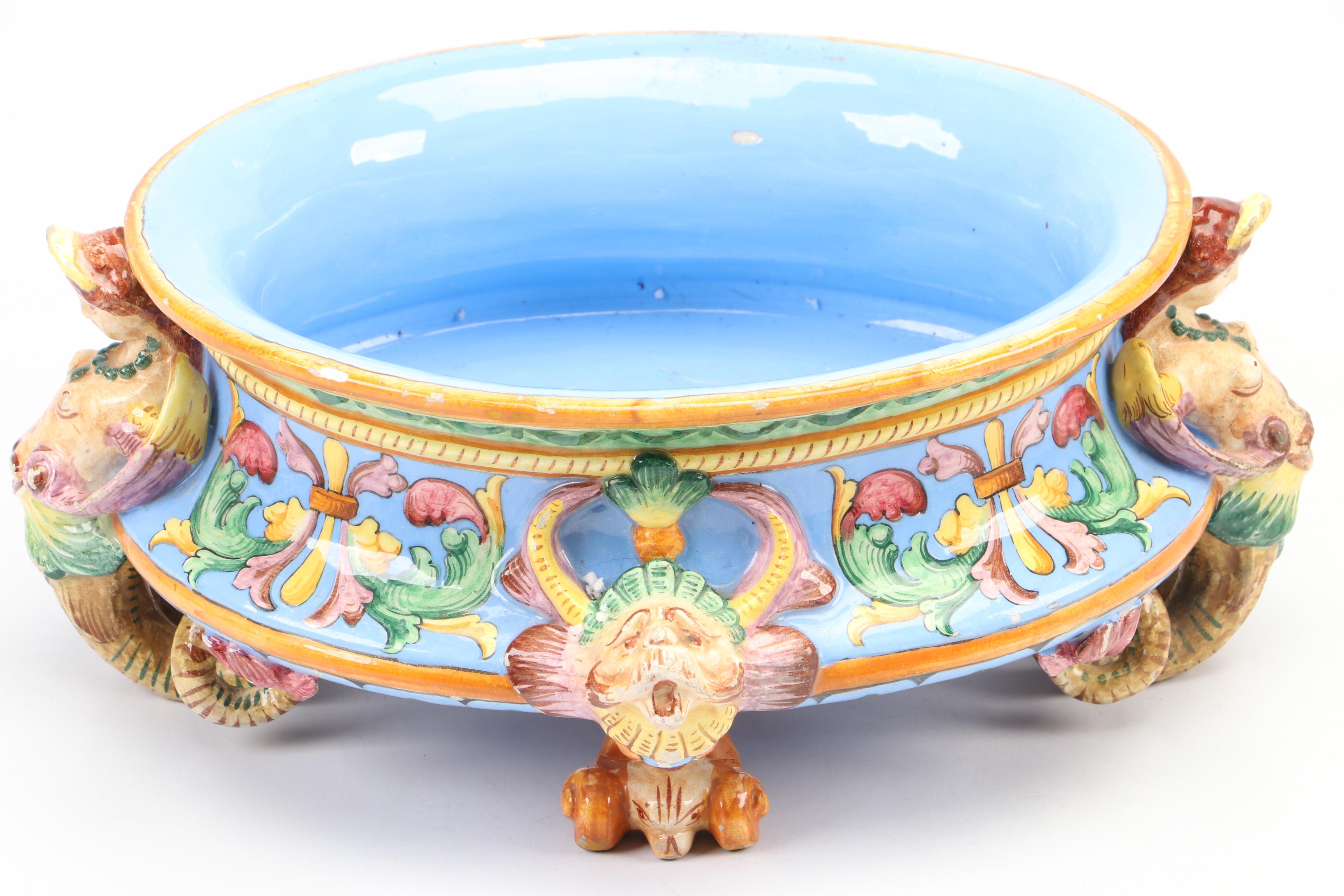 Italian Majolica Ceramic Jardinière with Mermaid Handles