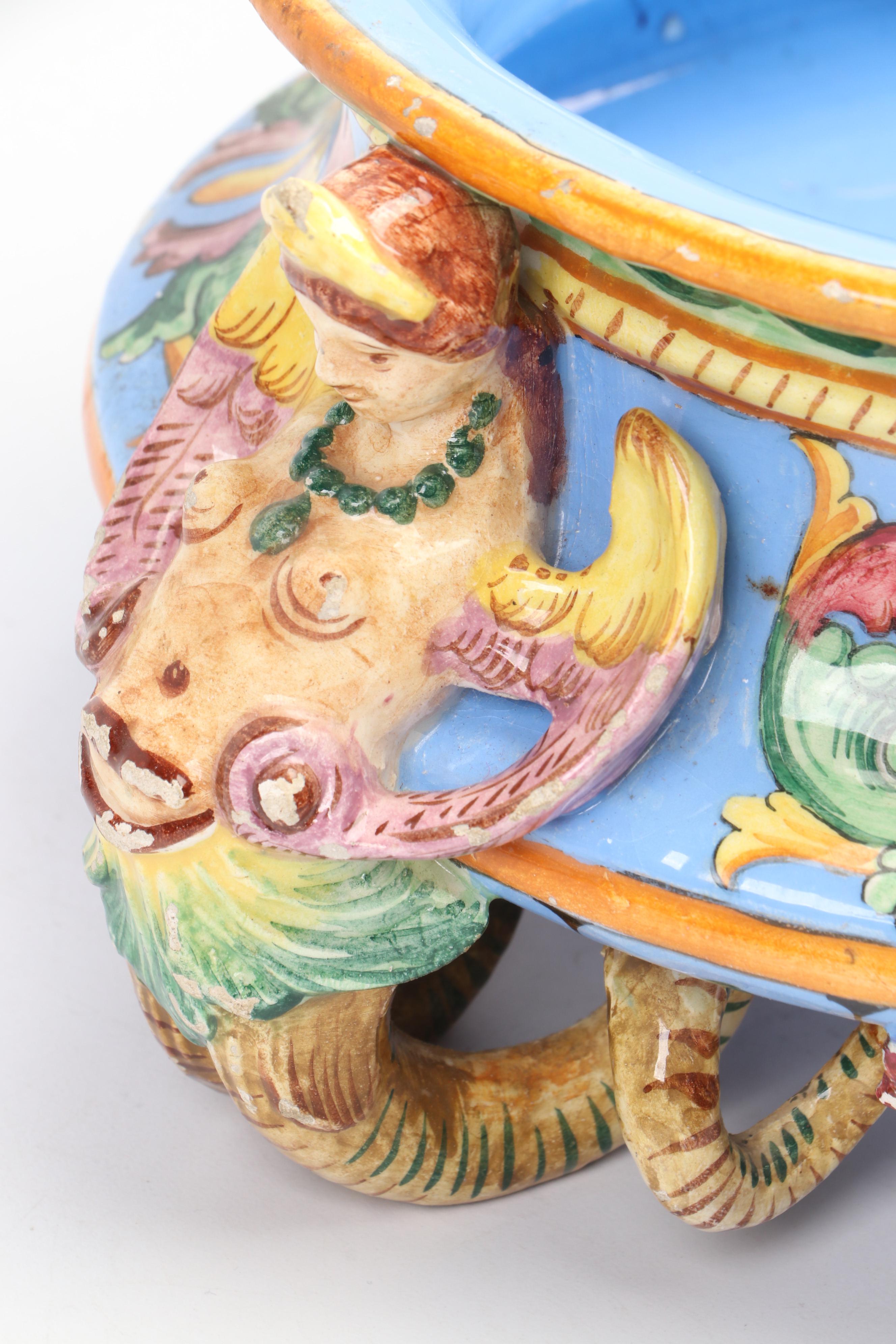 Italian Majolica Ceramic Jardinière with Mermaid Handles