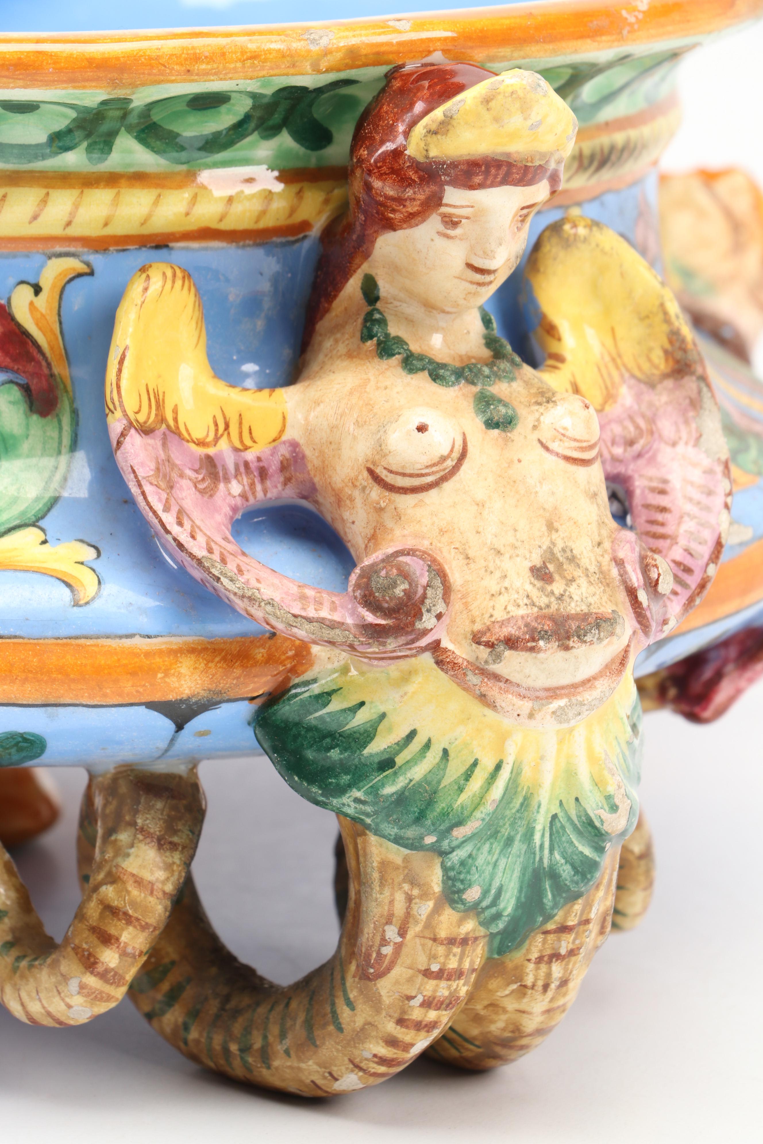Italian Majolica Ceramic Jardinière with Mermaid Handles