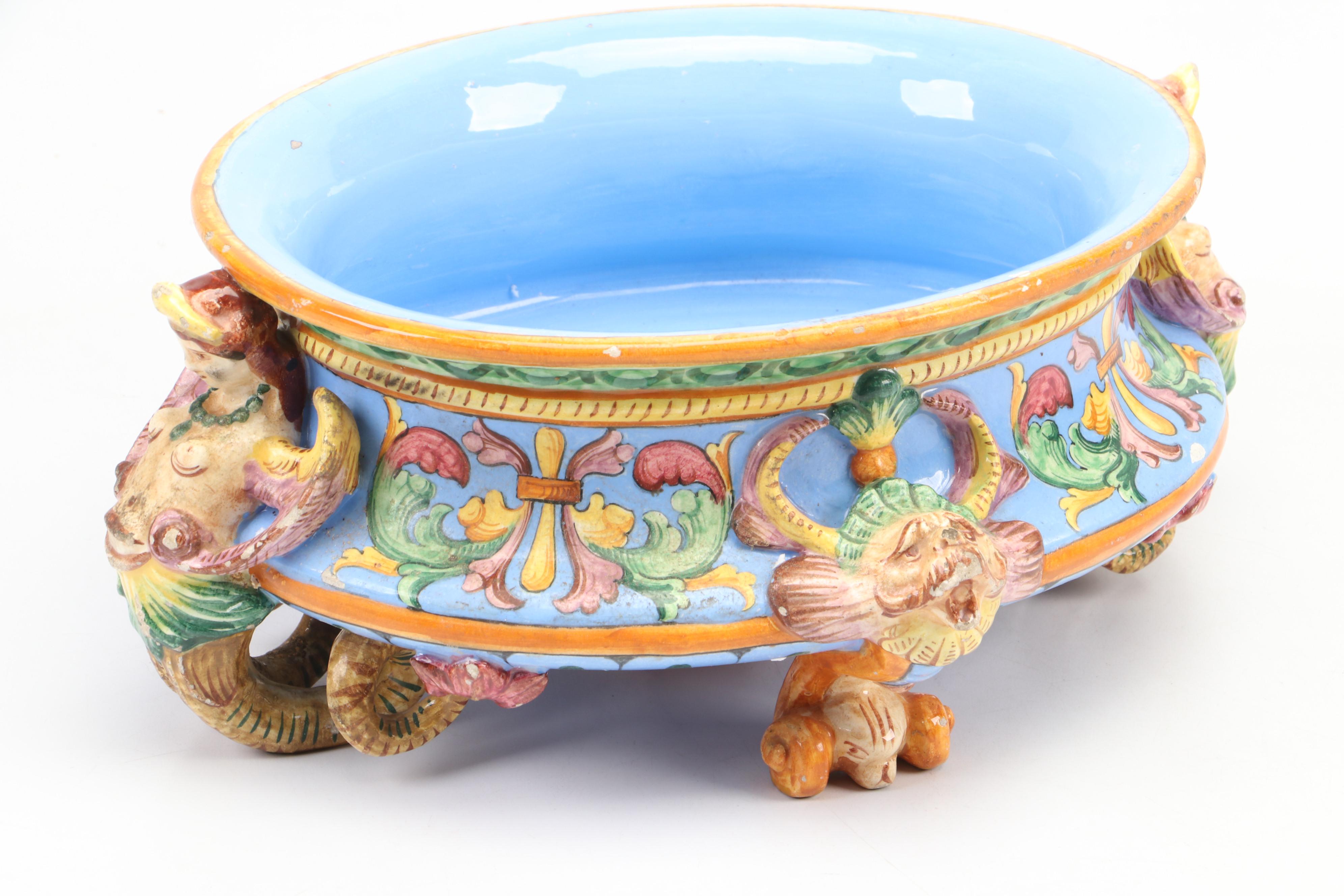 Italian Majolica Ceramic Jardinière with Mermaid Handles