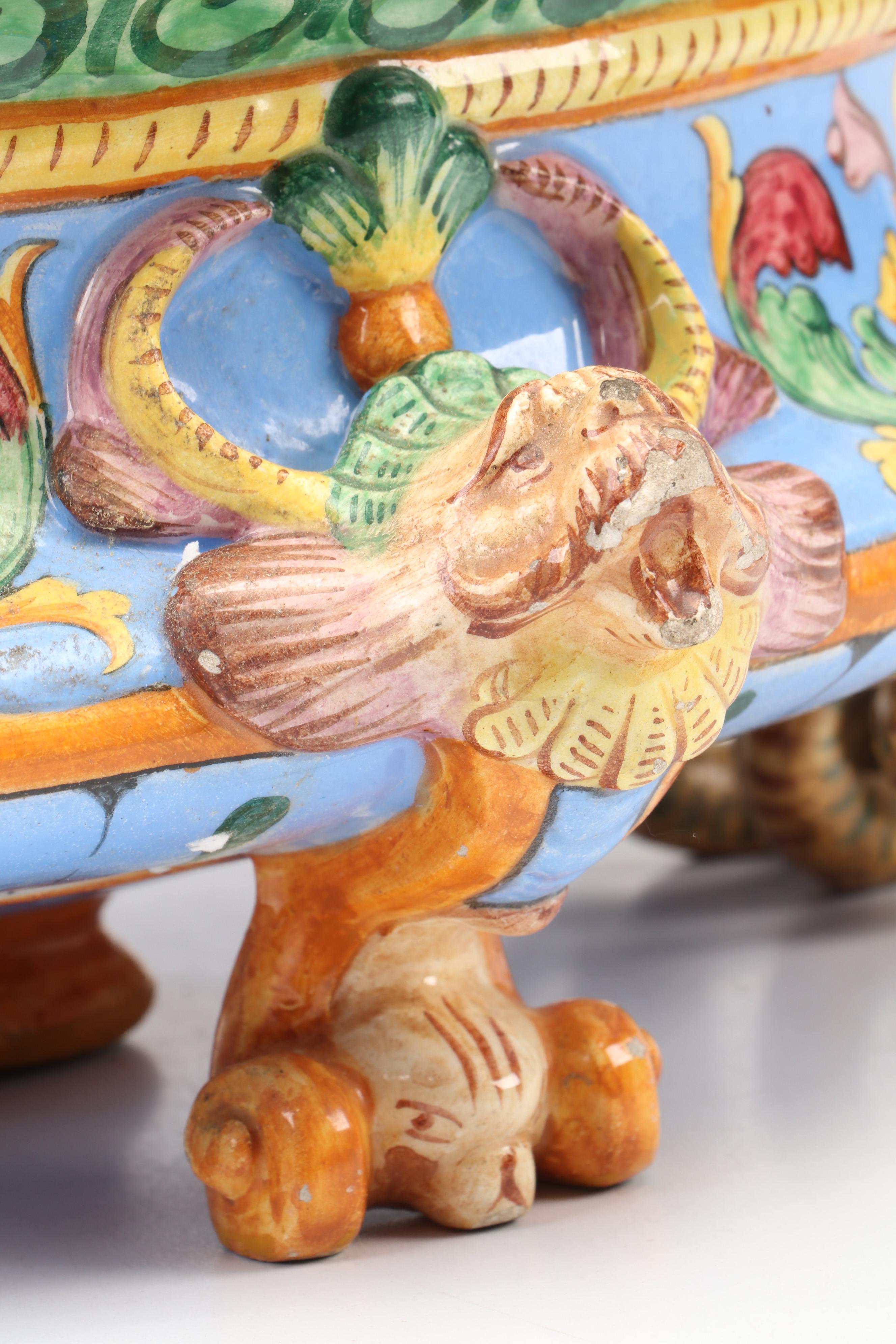 Italian Majolica Ceramic Jardinière with Mermaid Handles