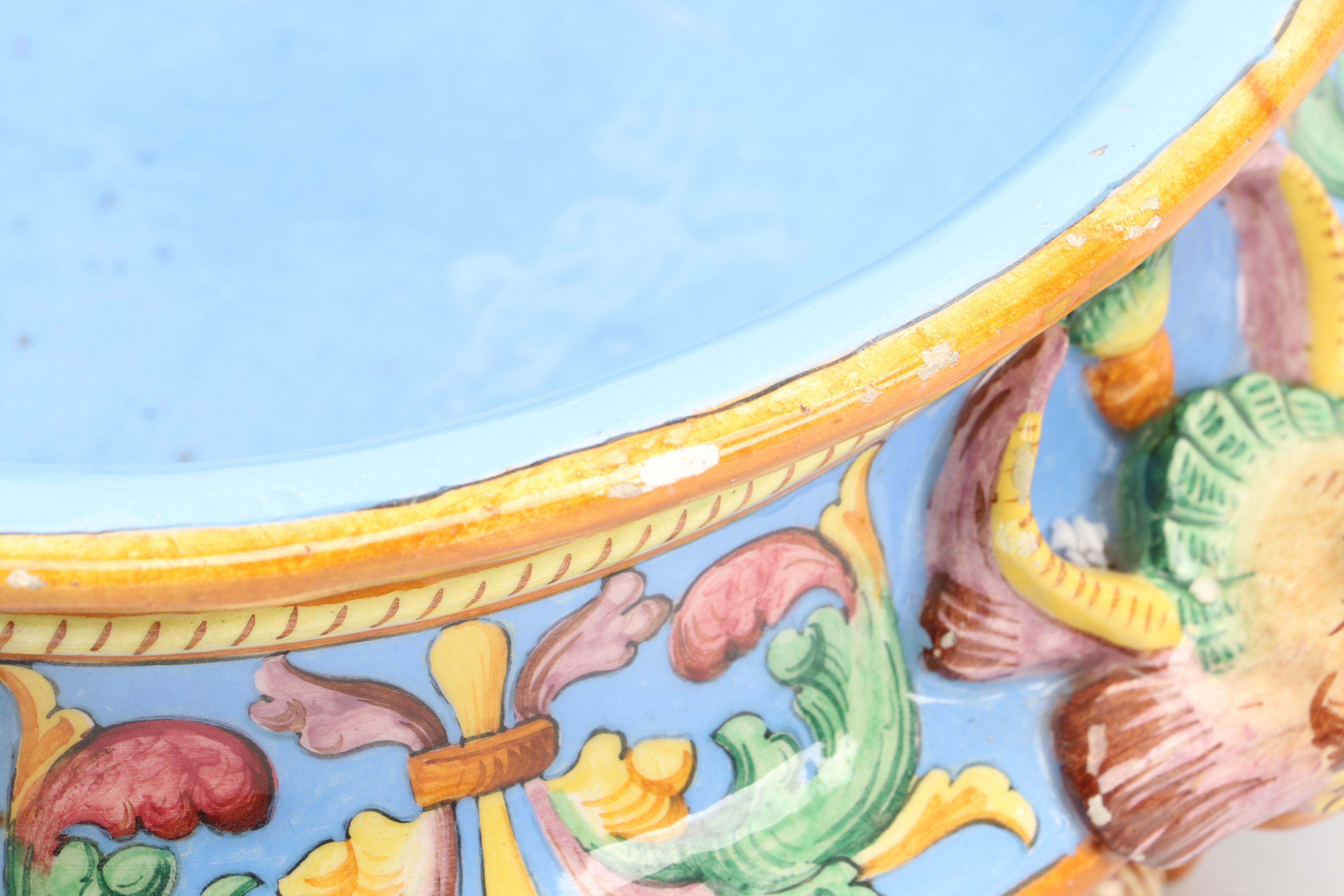 Italian Majolica Ceramic Jardinière with Mermaid Handles