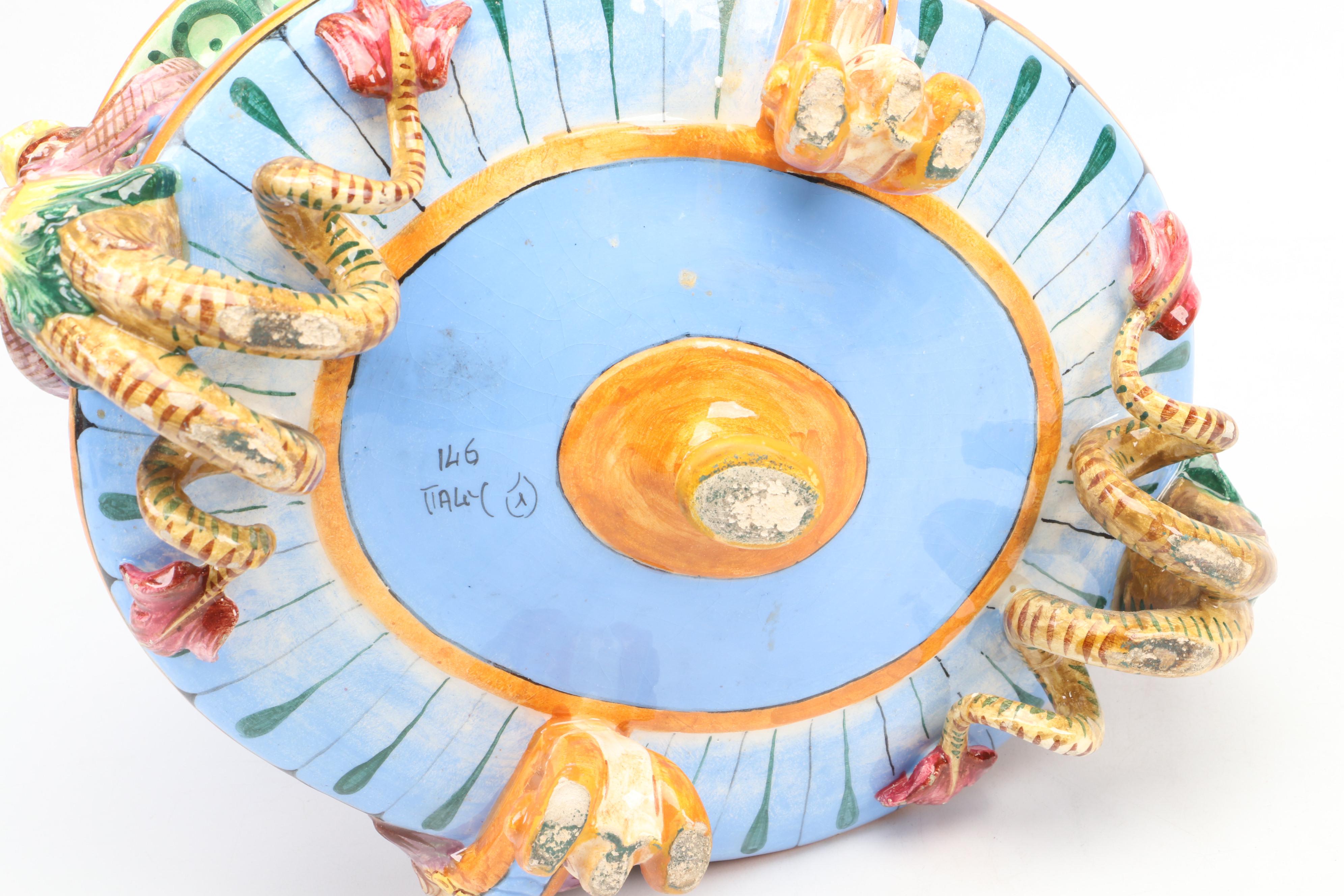 Italian Majolica Ceramic Jardinière with Mermaid Handles