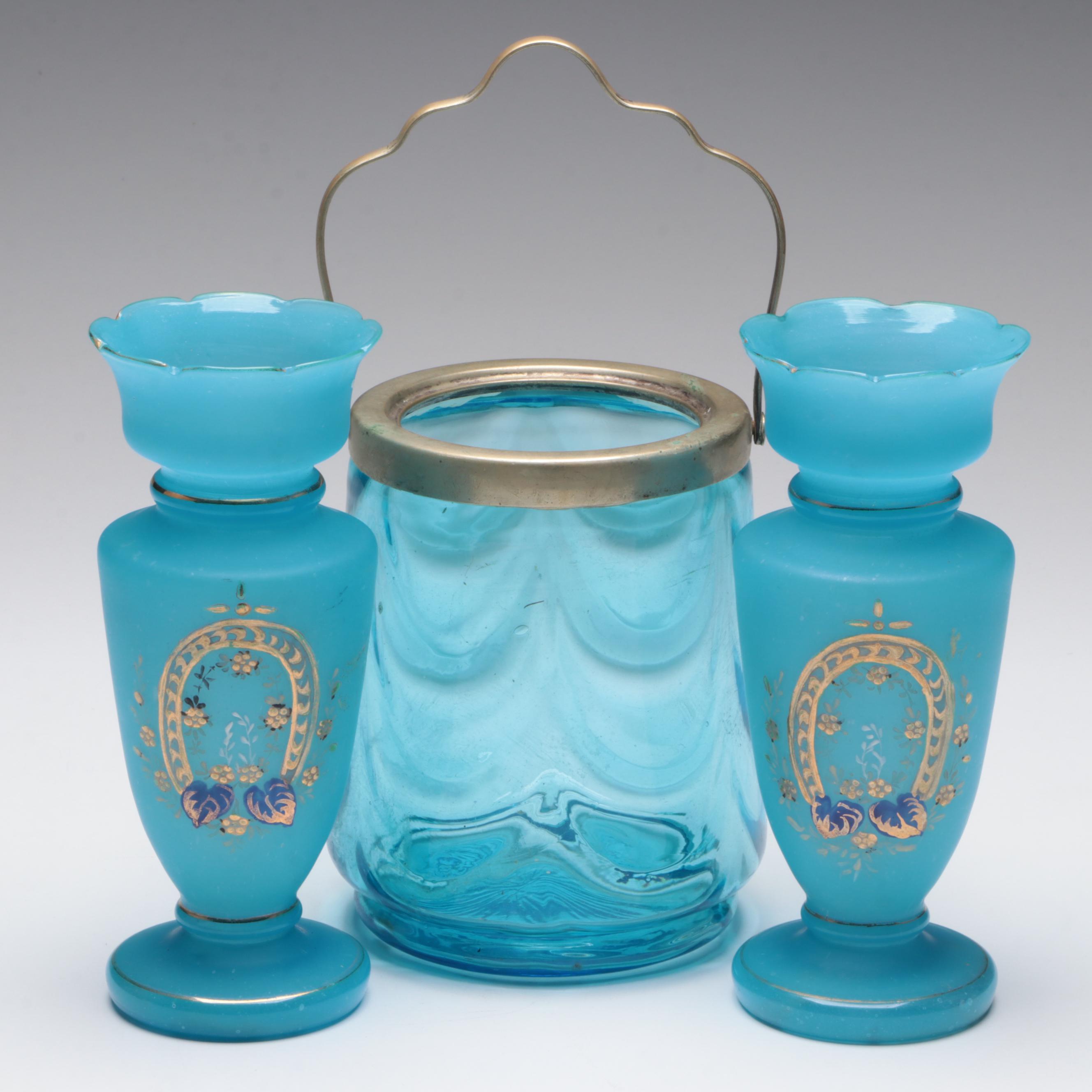 Pair of French Blue Opaline Vases with Silver Plate and Glass Ice Bucket