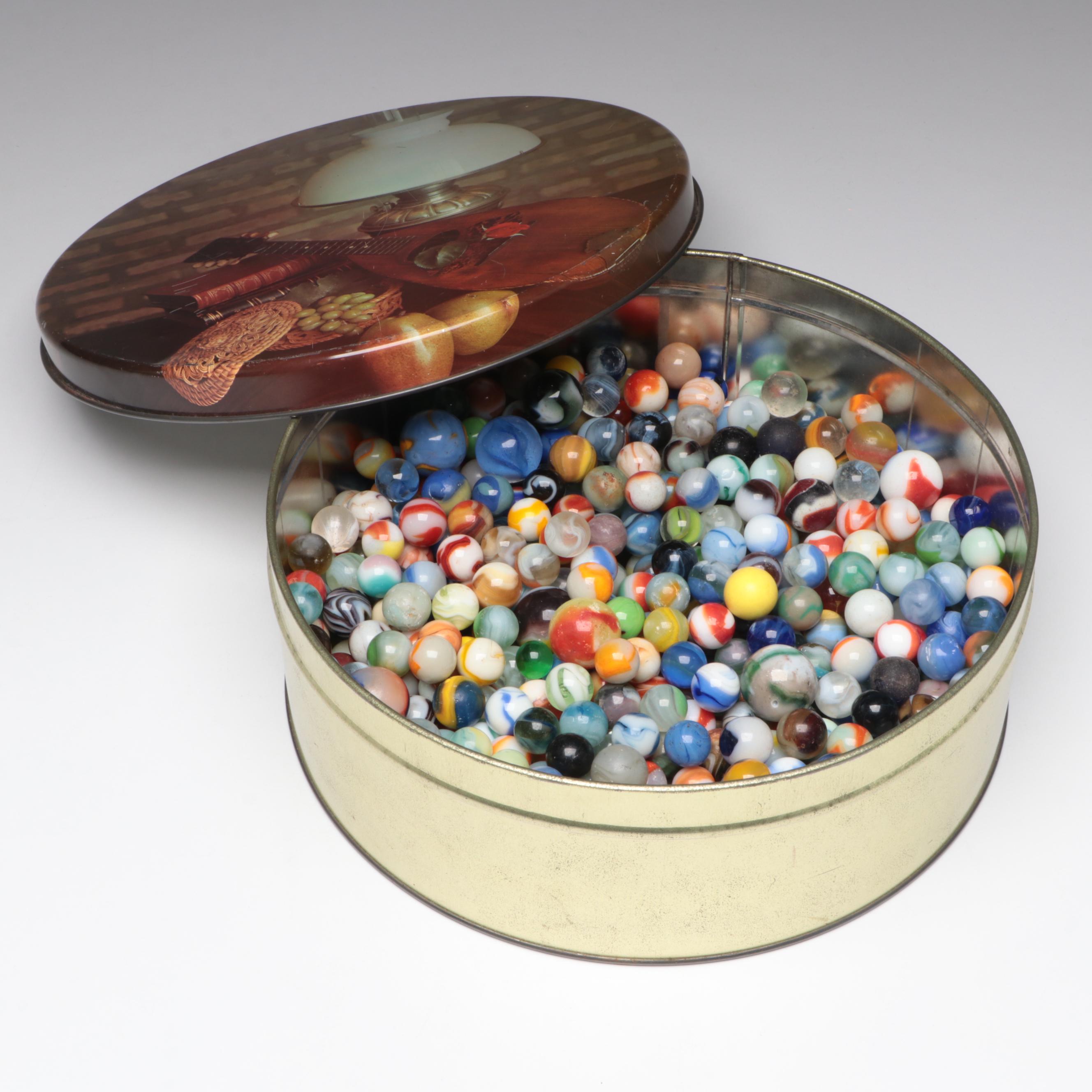 Custard Glass, Opaque, Swirlie, and More Machine Made Glass Marbles in Tin Box